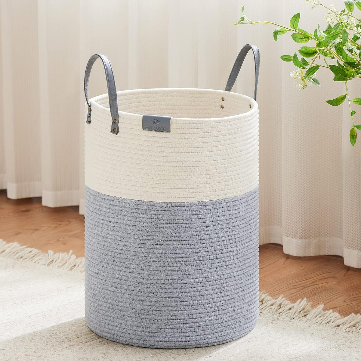 VIPOSCO Tall Laundry Basket, Large Dirty Clothes Hamper with Leather Handle, Woven Rope Storage