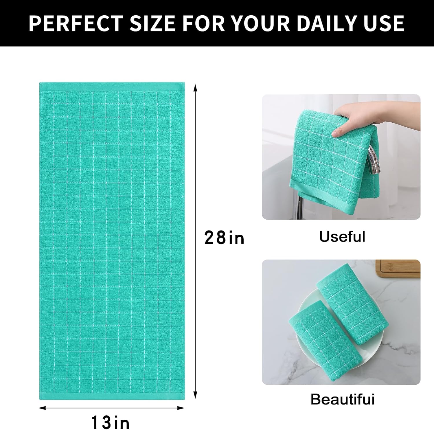 Homaxy 100% Cotton Terry Kitchen Towels(Turquoise, 13 x 28 inches), Checkered Designed, Soft and