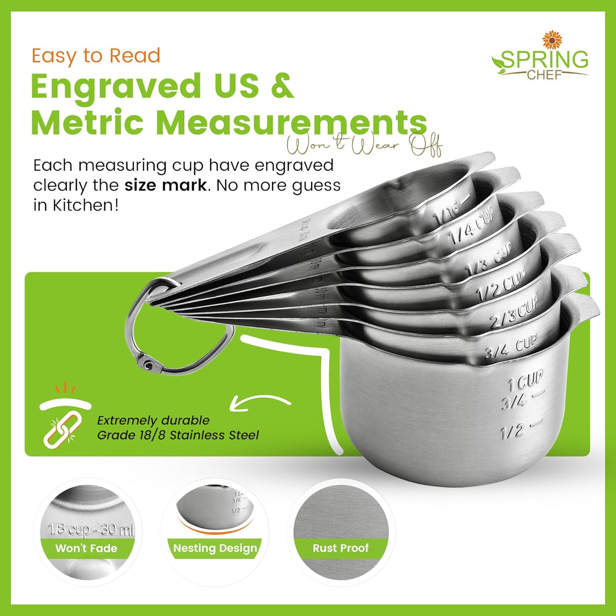Spring Chef Stainless Steel Measuring Cups Set of 7 with Pour Spout - Nesting Kitchen Tools with