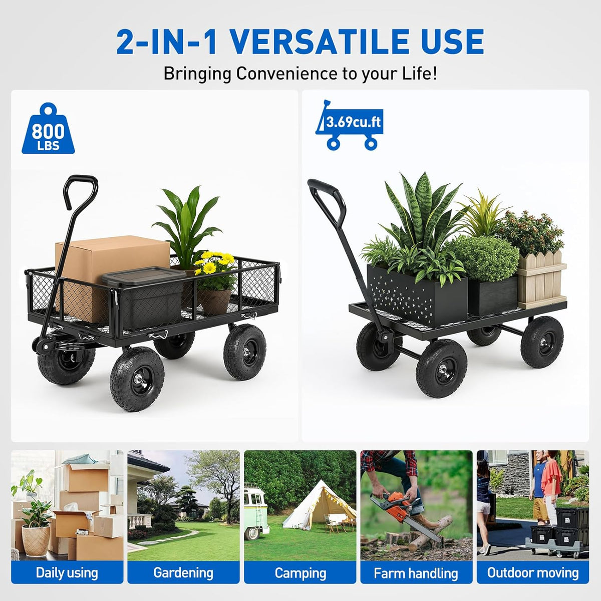 Yesker Steel Garden Carts - 800lbs Dump Wagon with All Terrain Inflatable Wheels for Yard Lawn