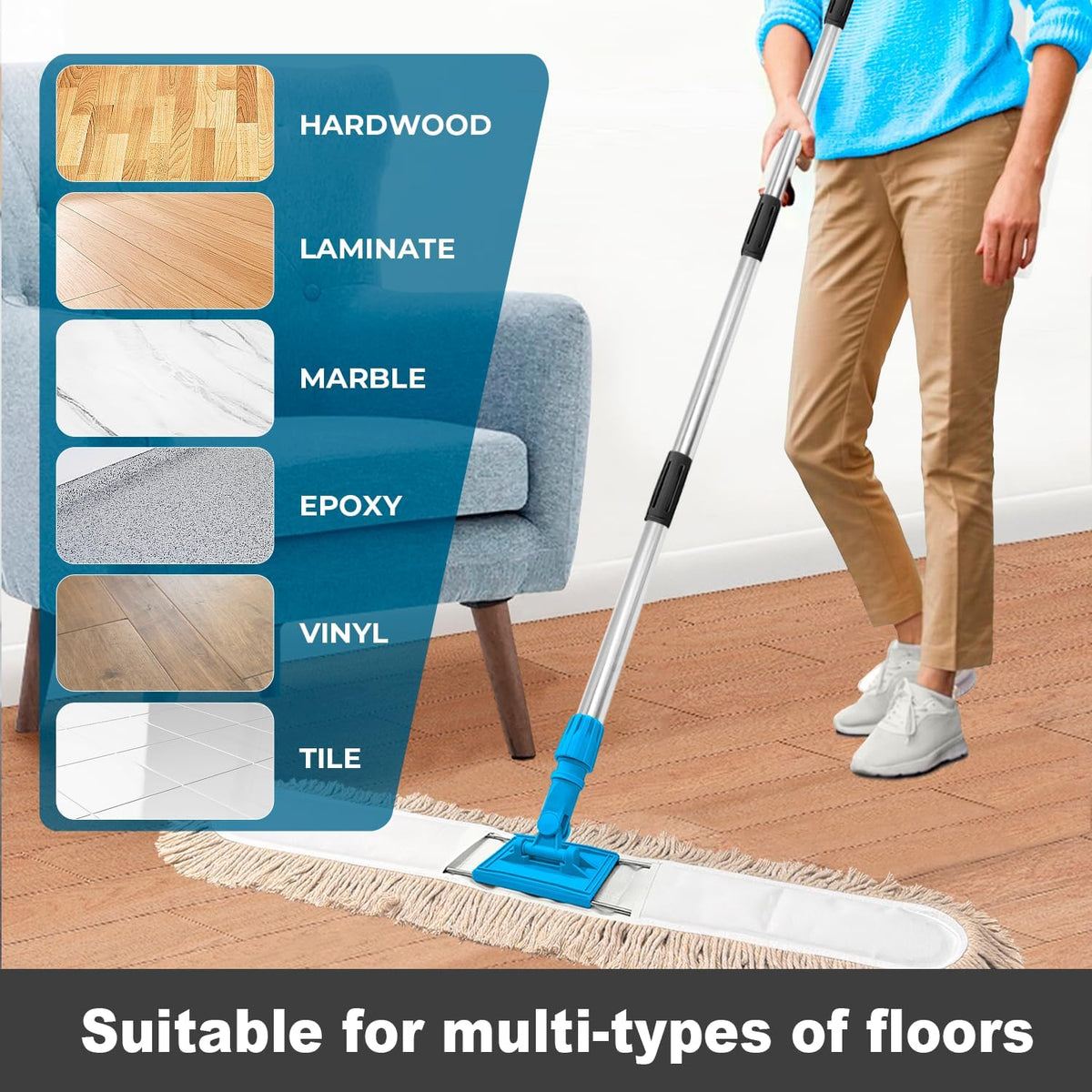 36” Commercial Dust Mop for Floor Cleaning, Industrial Dry Mop with Heavy Duty Long Handle, Large