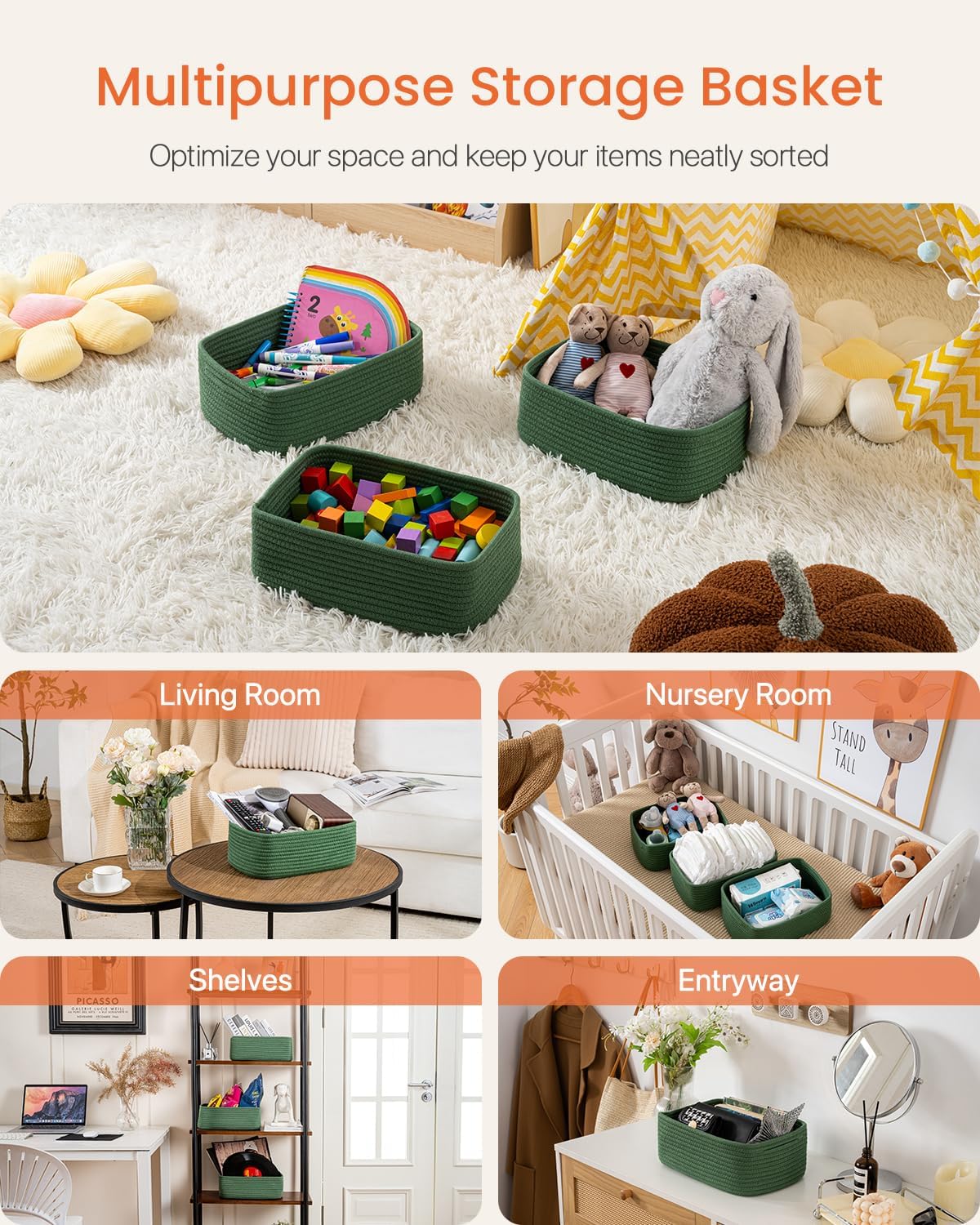 Small Woven Basket, 12 x 8 x 4.5 Inches, Storage Basket for Organizing, Cute Small Rope Shelf