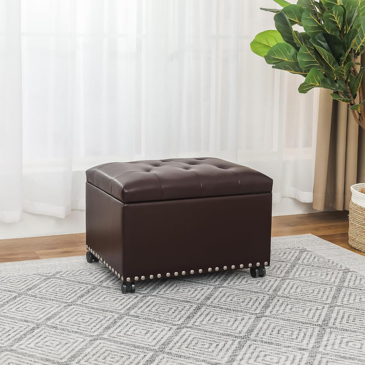 Leather Storage Ottoman Bench with Steerable Rolling Wheels, Rectangle 24 Inch Foot Rest Ottomans