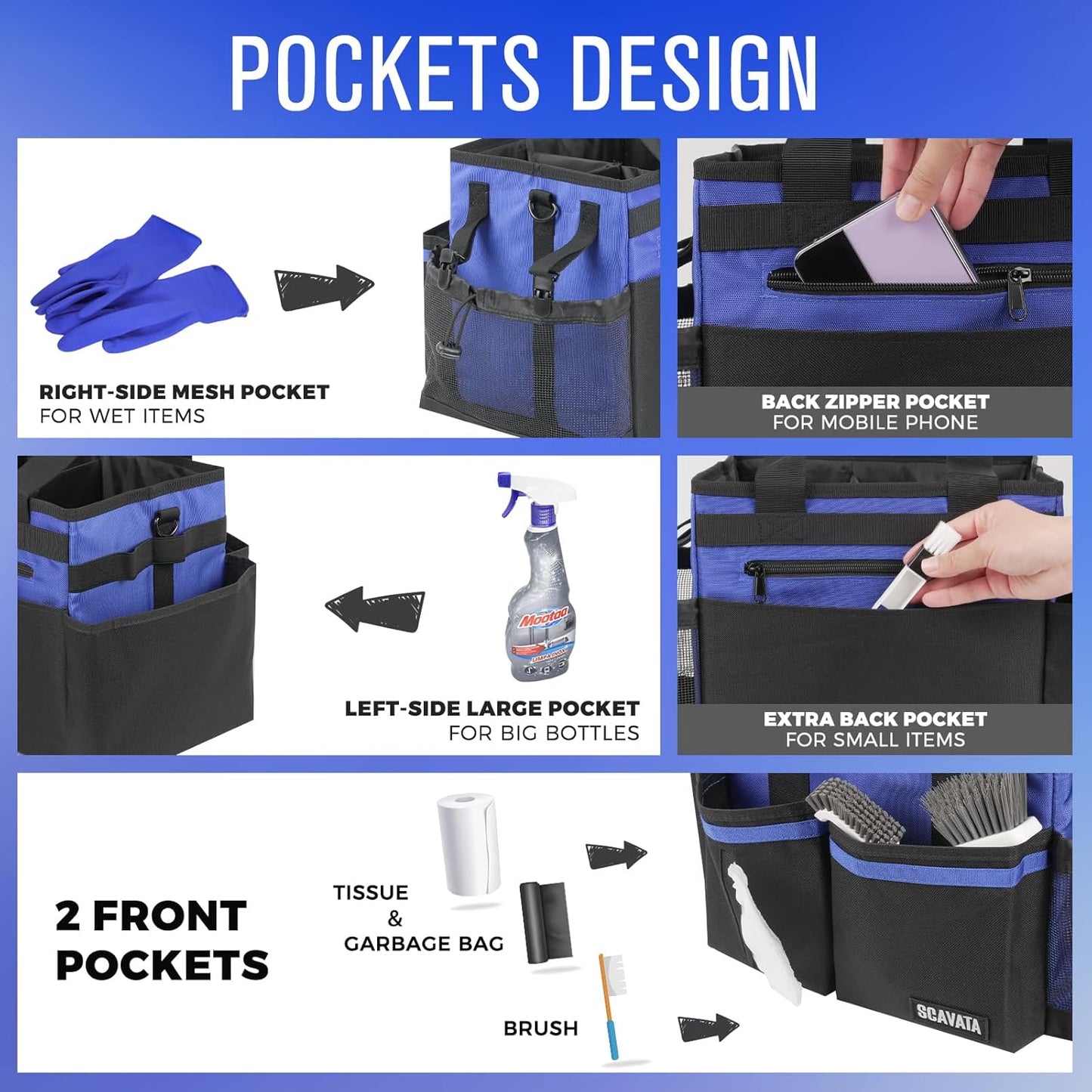 Compact Wearable Cleaning Caddy, Small Supplies Organizer with Handle & Shoulder Straps for