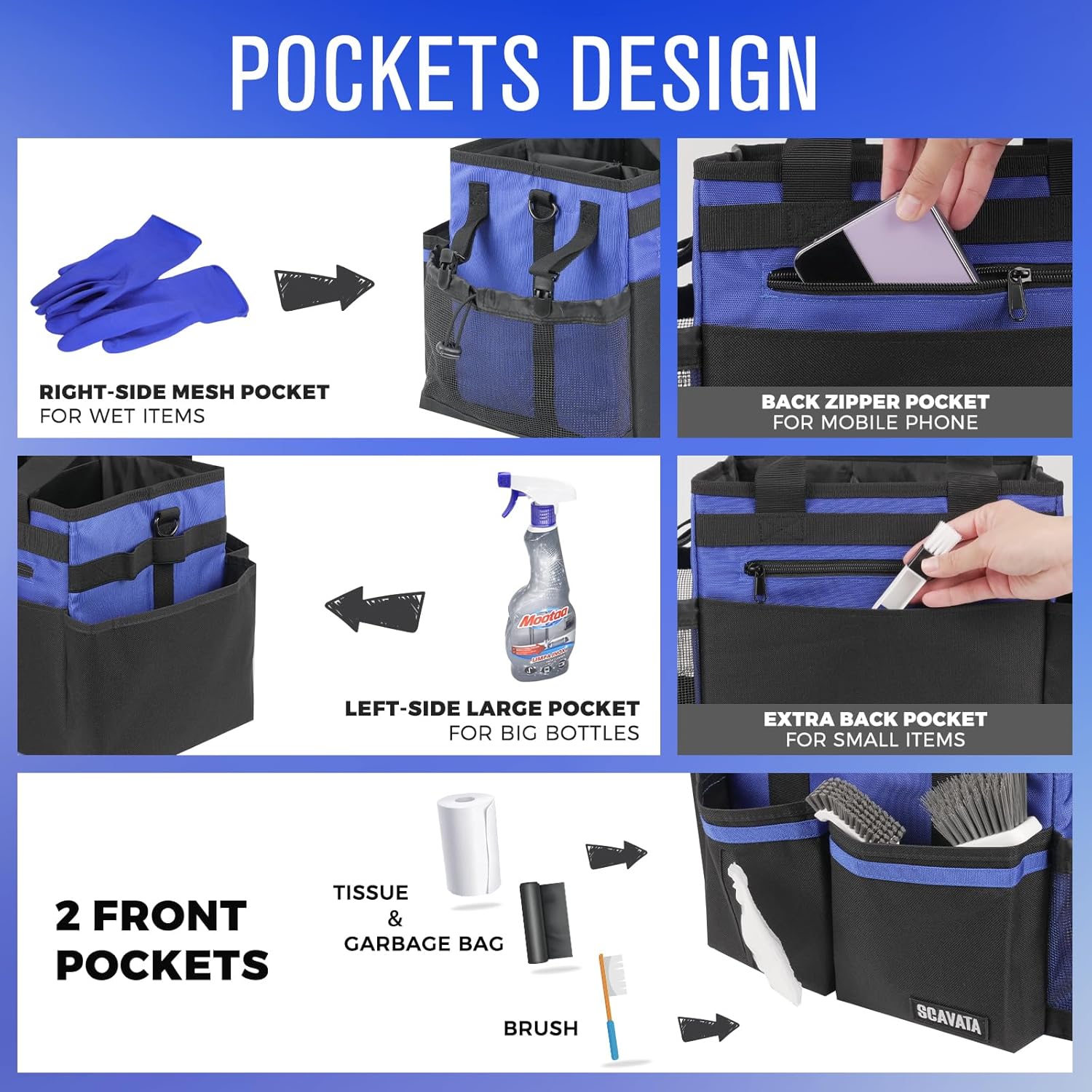 Compact Wearable Cleaning Caddy, Small Supplies Organizer with Handle & Shoulder Straps for