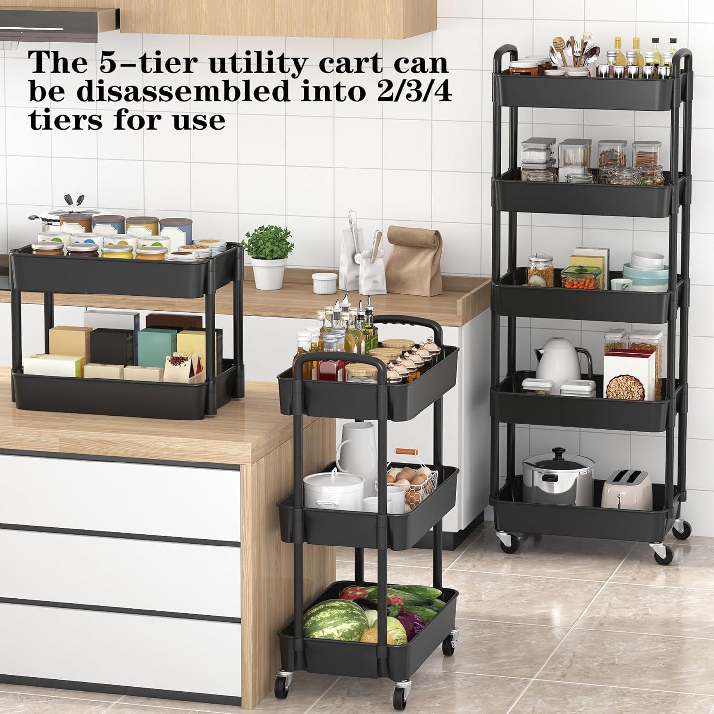 Sywhitta 5-Tier Plastic Rolling Utility Cart with Handle, Multi-Functional Storage Trolley for
