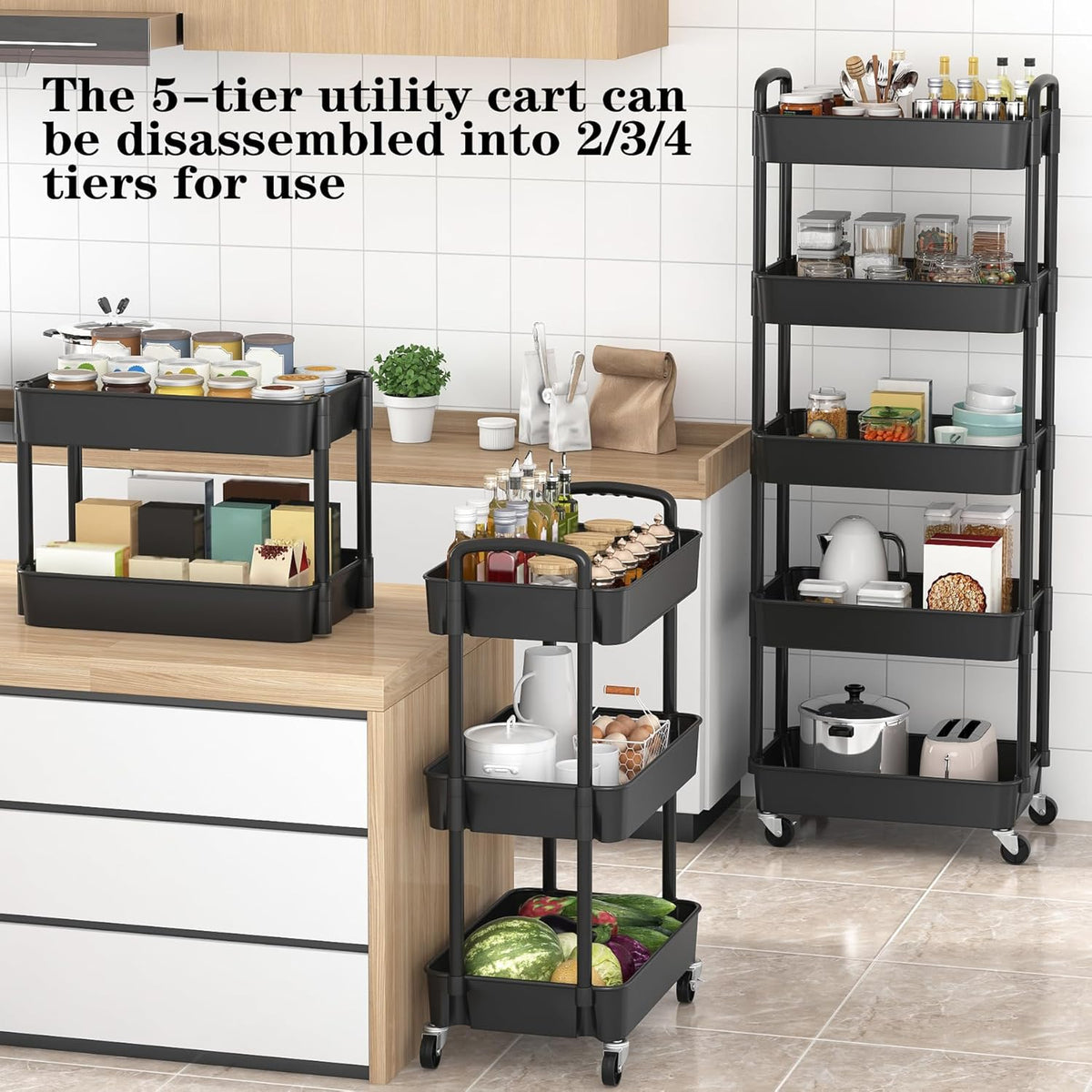 Sywhitta 5-Tier Plastic Rolling Utility Cart with Handle, Multi-Functional Storage Trolley for