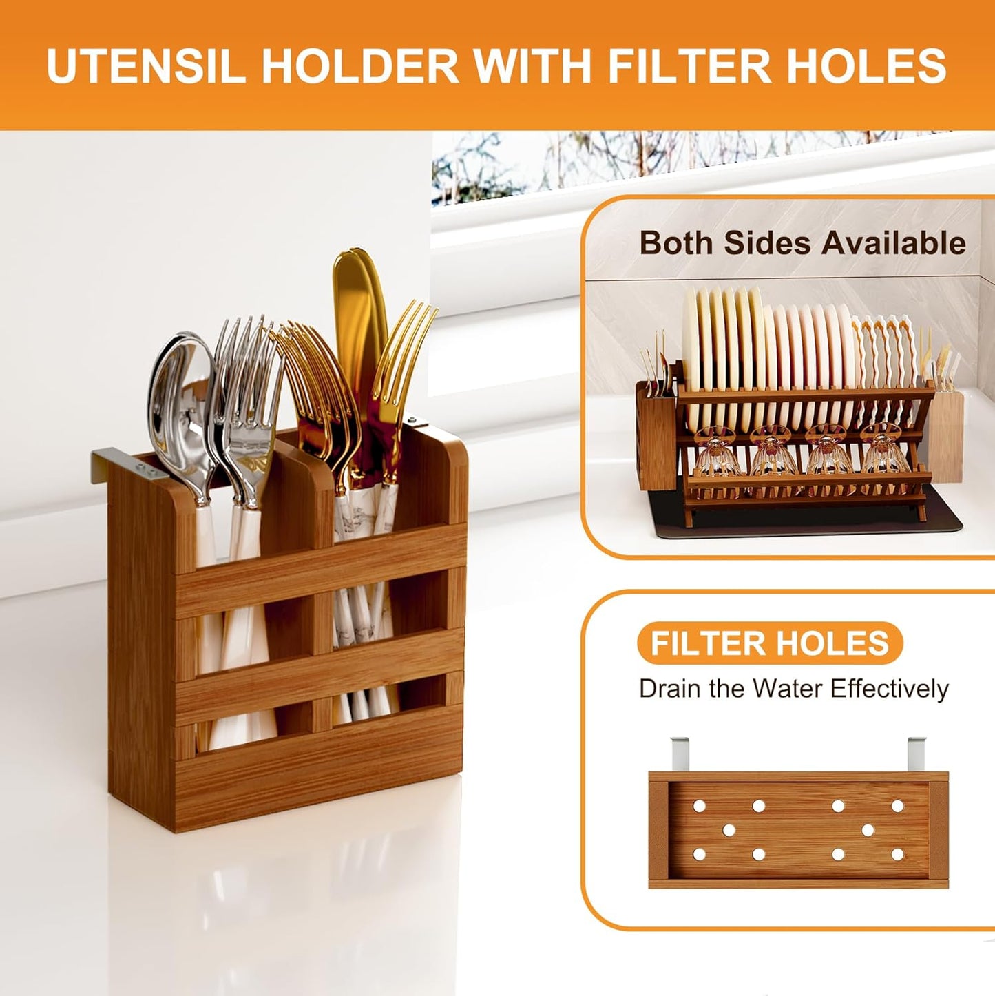 Greenual Teak Dish Drying Rack with Utensil Holder, 2 Tier Collapsible Dish Rack, Wooden Dish Racks