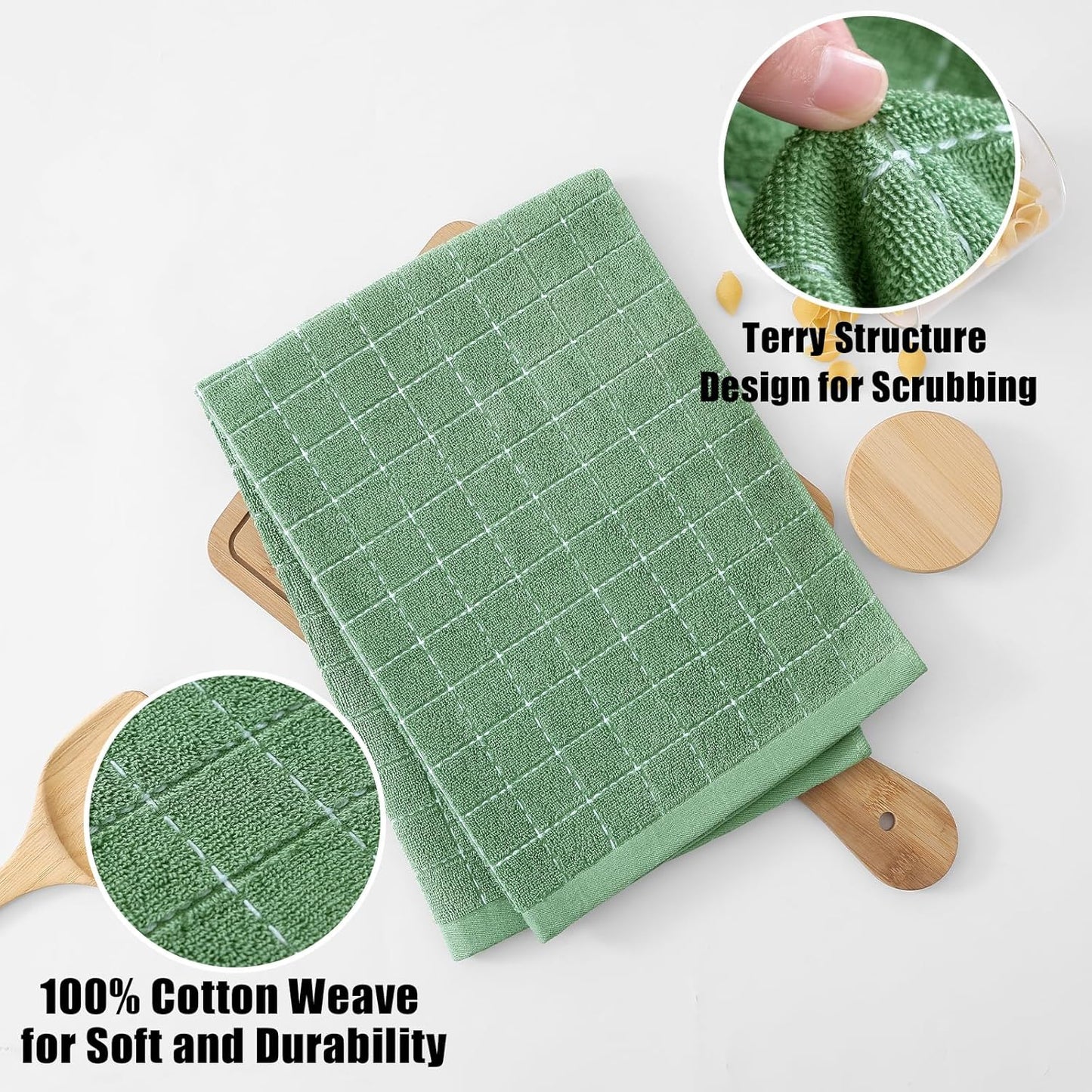 Homaxy 100% Cotton Terry Kitchen Towels(Grass Green, 20 x 28 inches), Checkered Designed, Soft and