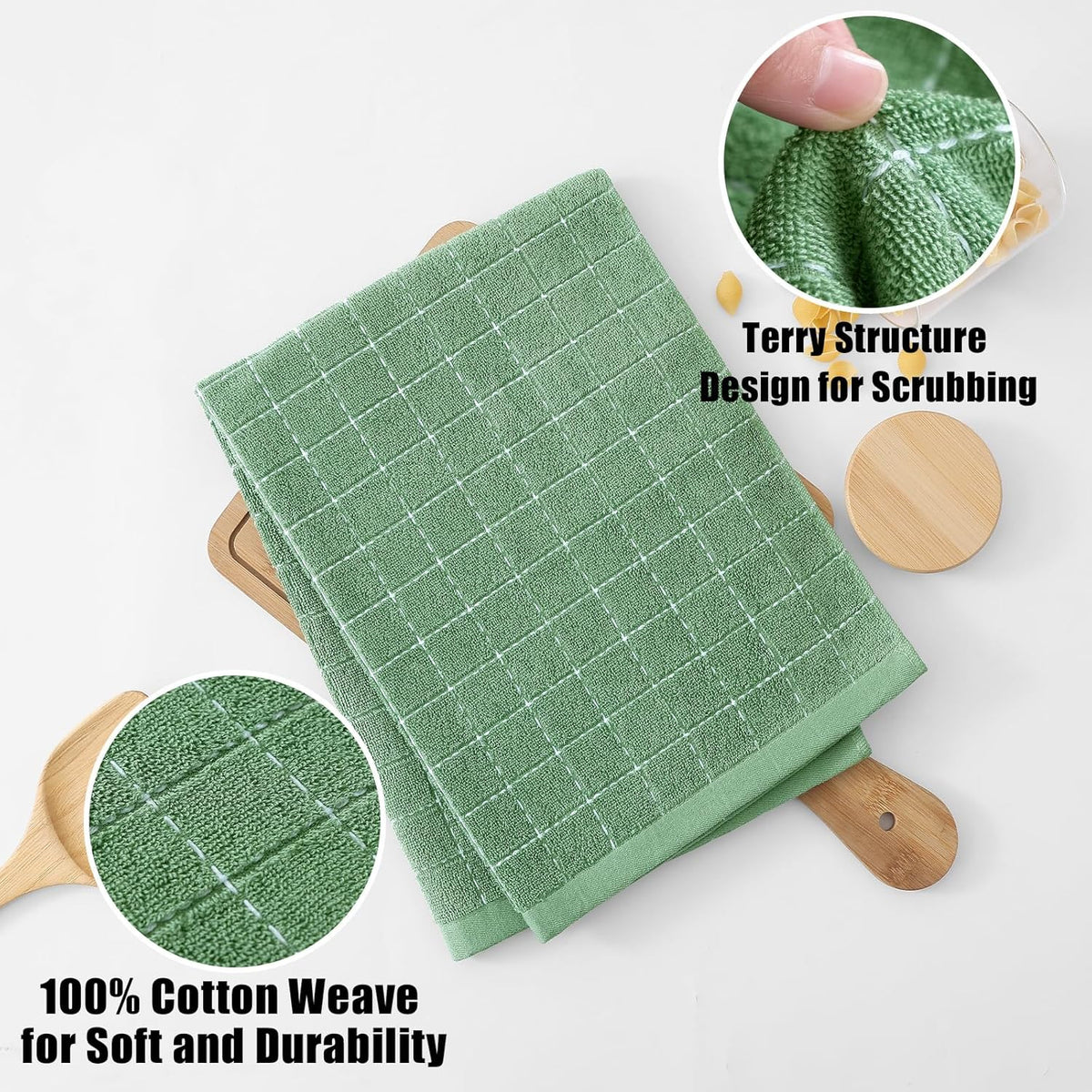 Homaxy 100% Cotton Terry Kitchen Towels(Grass Green, 20 x 28 inches), Checkered Designed, Soft and