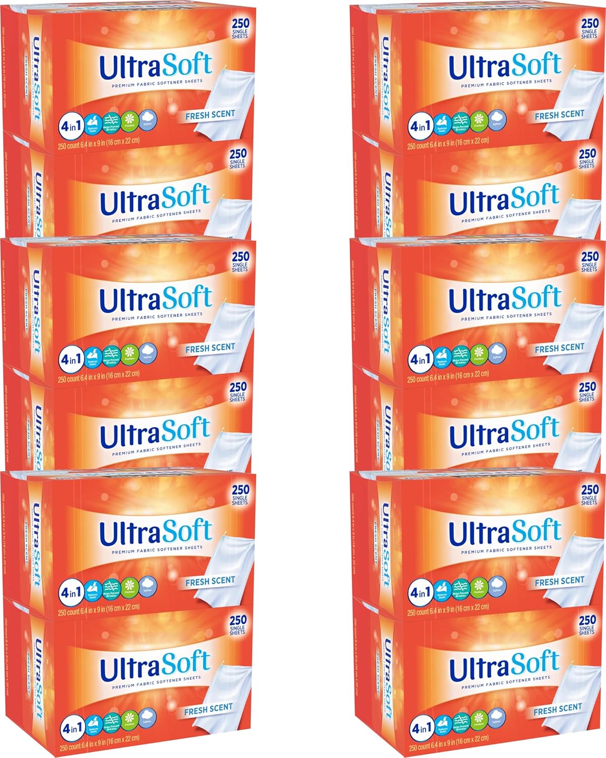 4 in 1 Household Premium Fabric Softener Fresh Scent,250 Single Laundry Dryer Sheets (6.4"x9") Per