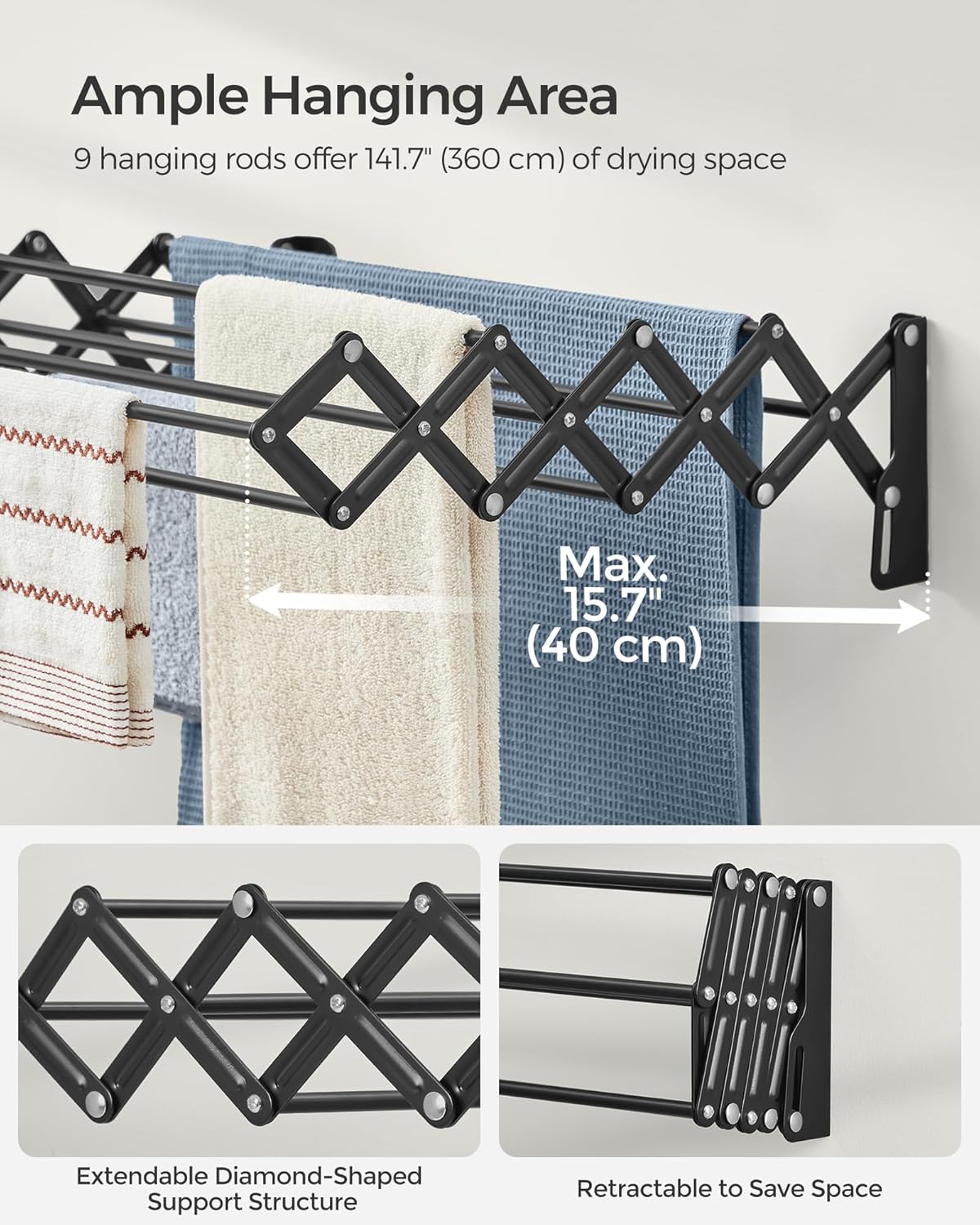 SONGMICS Clothes Drying Rack, Wall-Mounted Drying Rack Clothing, Small Accordion Laundry Rack, 9