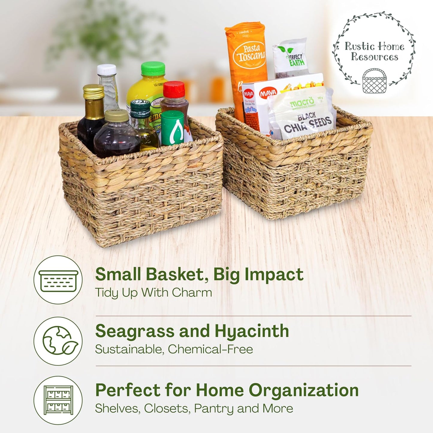 Small Wicker Baskets for Storage 2-Pack, Natural, Woven Baskets for Organizing Living Room, Pantry
