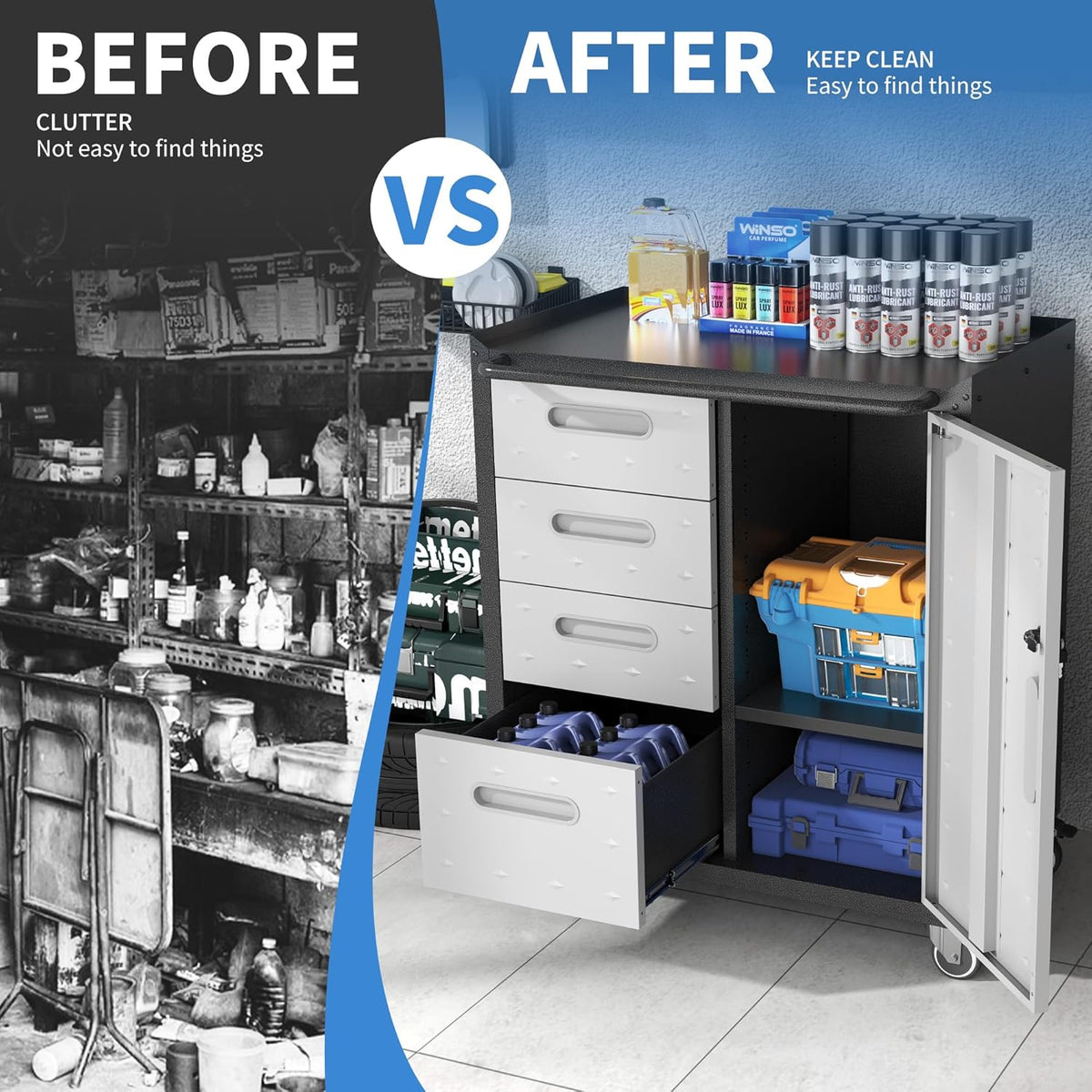 Metal Storage Cabinet with Wheels, Rolling Tool Cabinet with Adjustable Shelve, Locking Garage