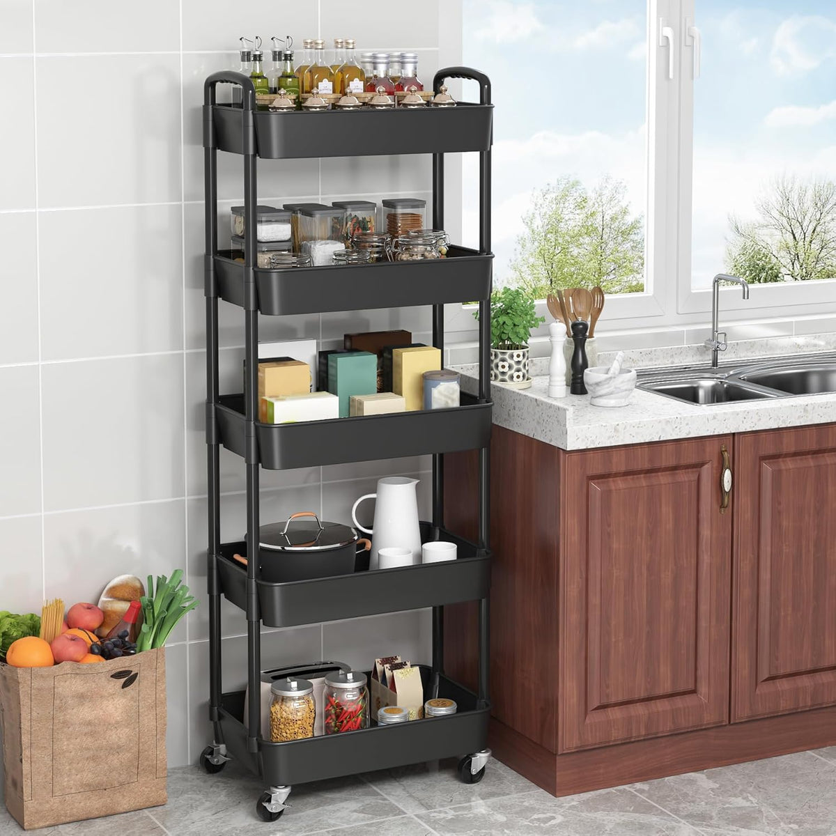 Sywhitta 5-Tier Plastic Rolling Utility Cart with Handle, Multi-Functional Storage Trolley for
