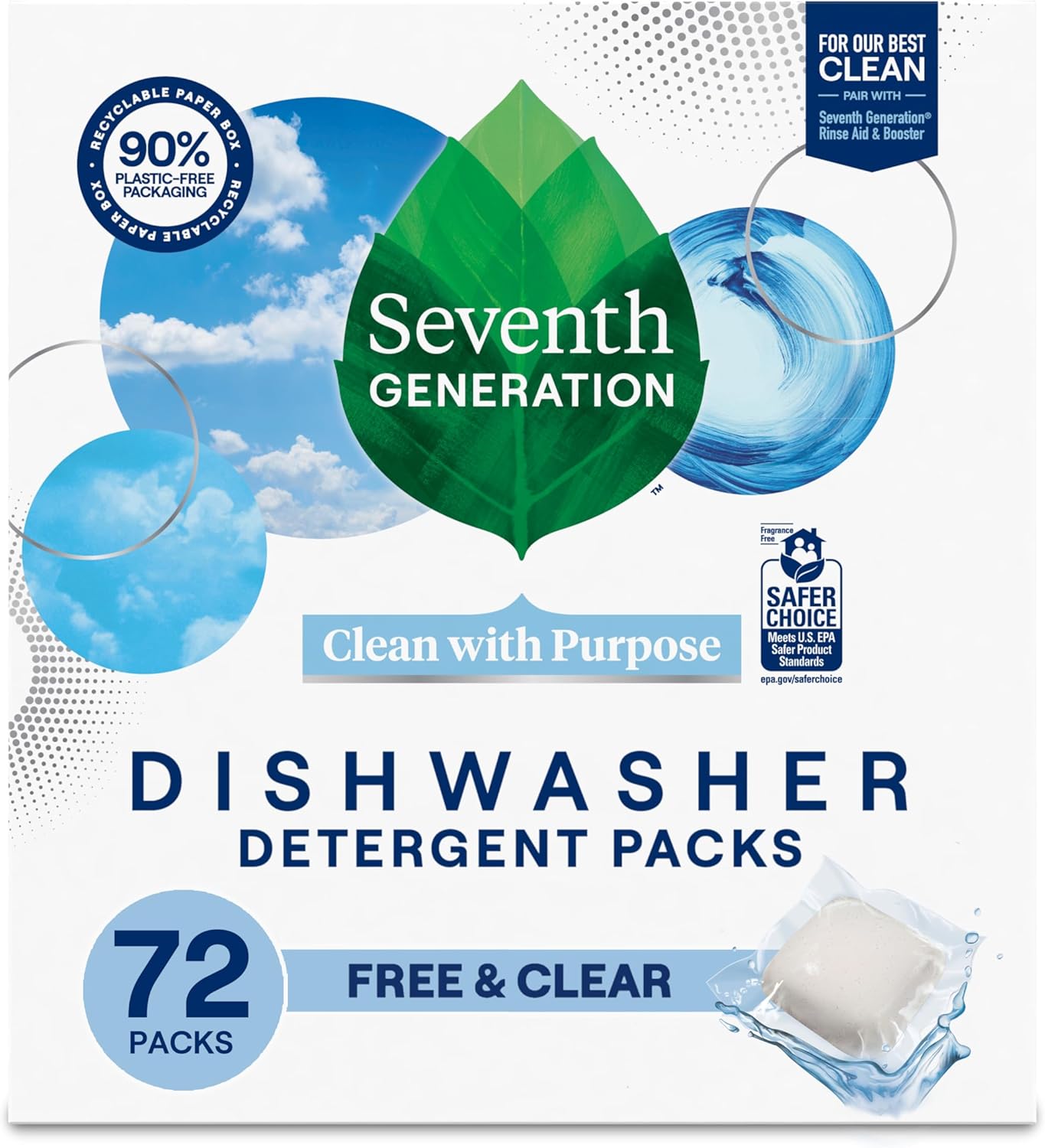 Seventh Generation Dishwasher Detergent Packs for sparkling dishes Free & Clear Dishwasher Tabs (72