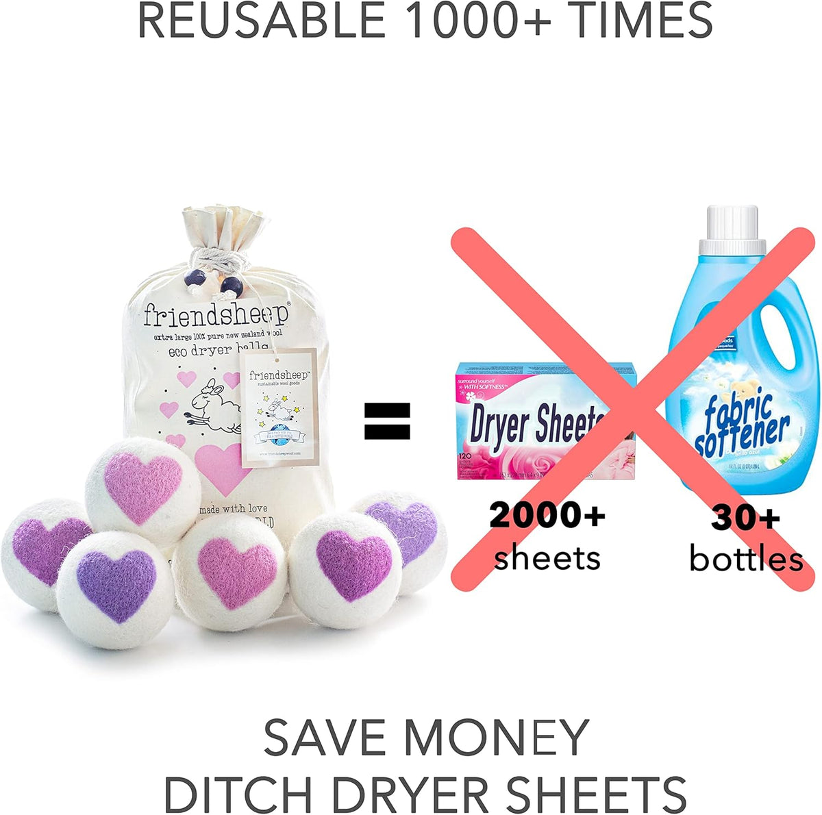 Friendsheep Organic Wool Dryer Balls Pink Purple Hearts 6 Pack XL Premium Reusable Cruelty Free
