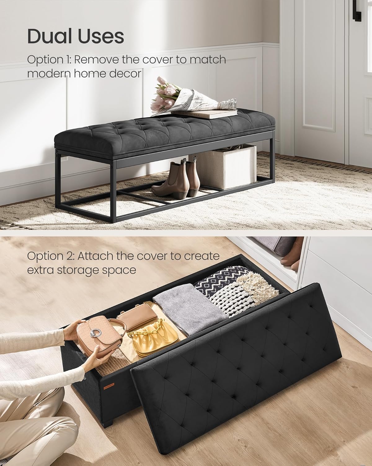 SONGMICS Velvet Storage Ottoman Bench, Foot Rest with Legs, 15.7 x 43 x 15.7 Inches, End of Bed