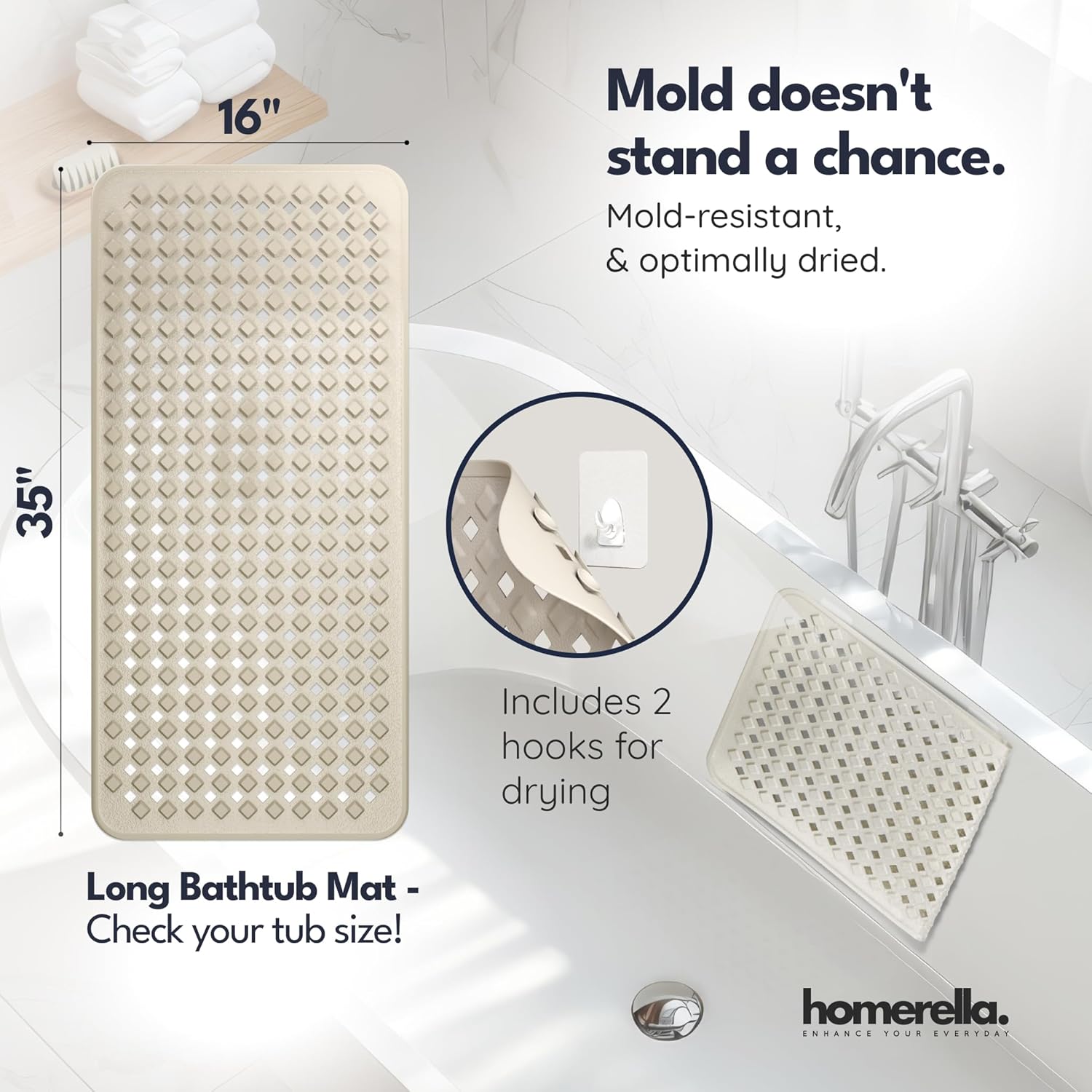 homerella® Bathtub Mat Non Slip 35x16, Incl. Hooks for Drying, Extra Long, 100% BPA Free, Shower