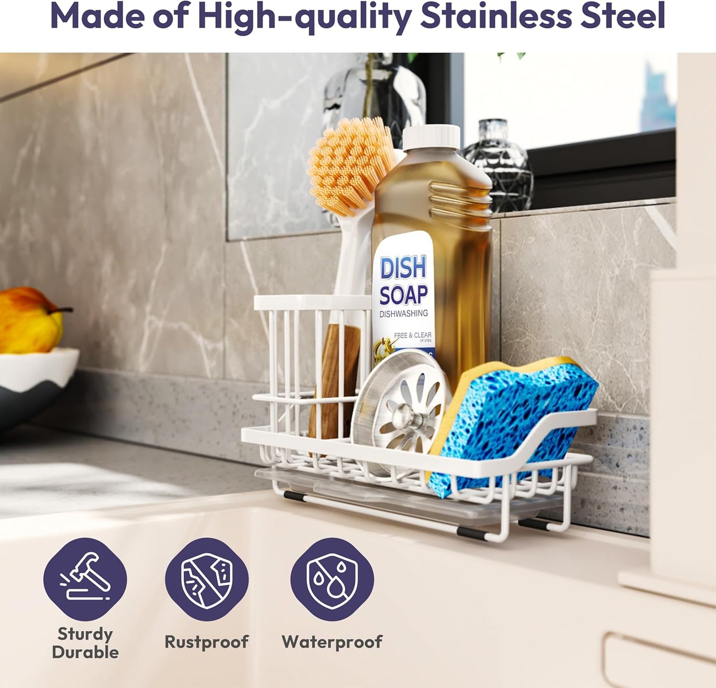SWTYMIKI Sink Caddy Sponge Holder - Kitchen Sink Organizer with High Brush Holder for Countertop to