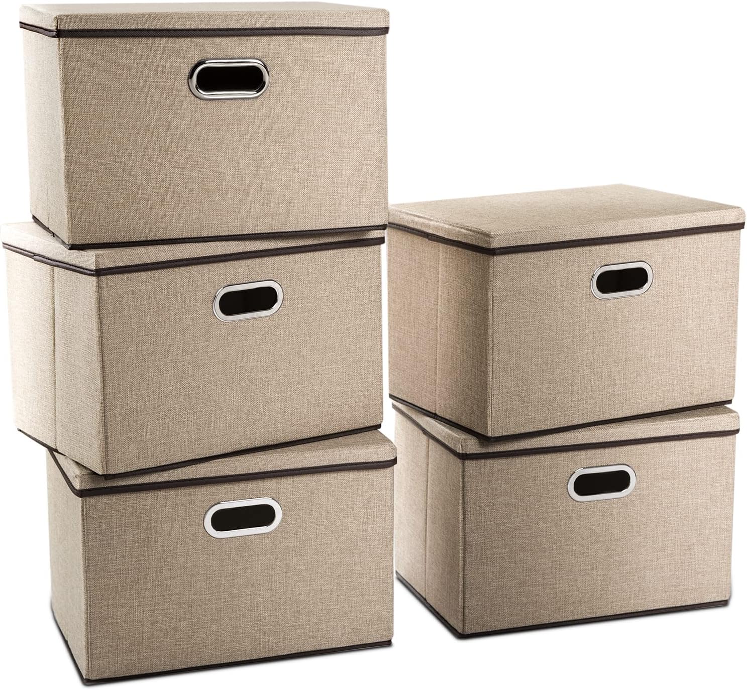 PRANDOM Large Collapsible Storage Baskets with Lids [5-Pack] Jute Fabric Foldable Storage Bins