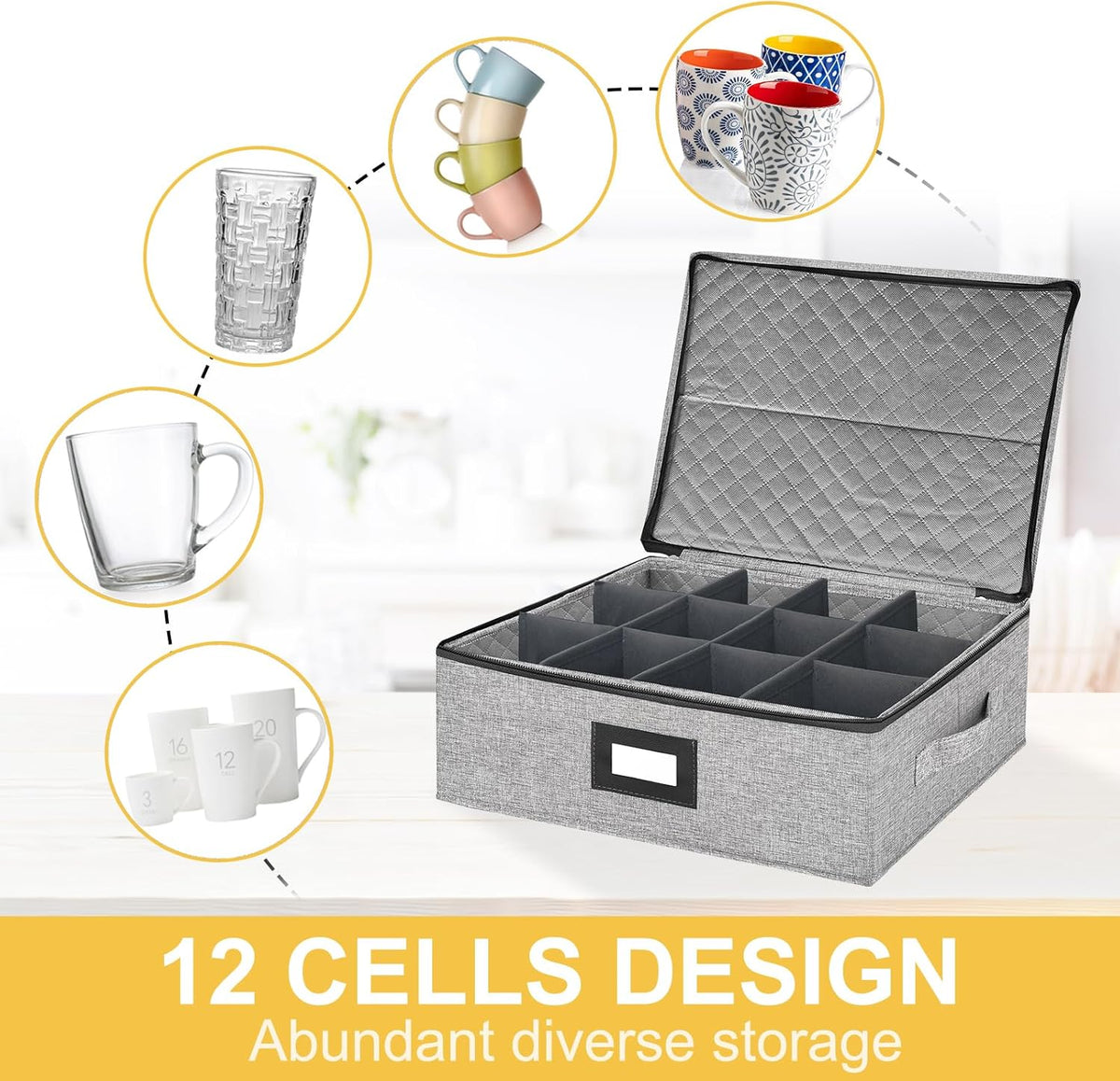 Coffee Mug Storage Box with Dividers, Durable China Storage Containers for Coffee Mugs, Tea Cups