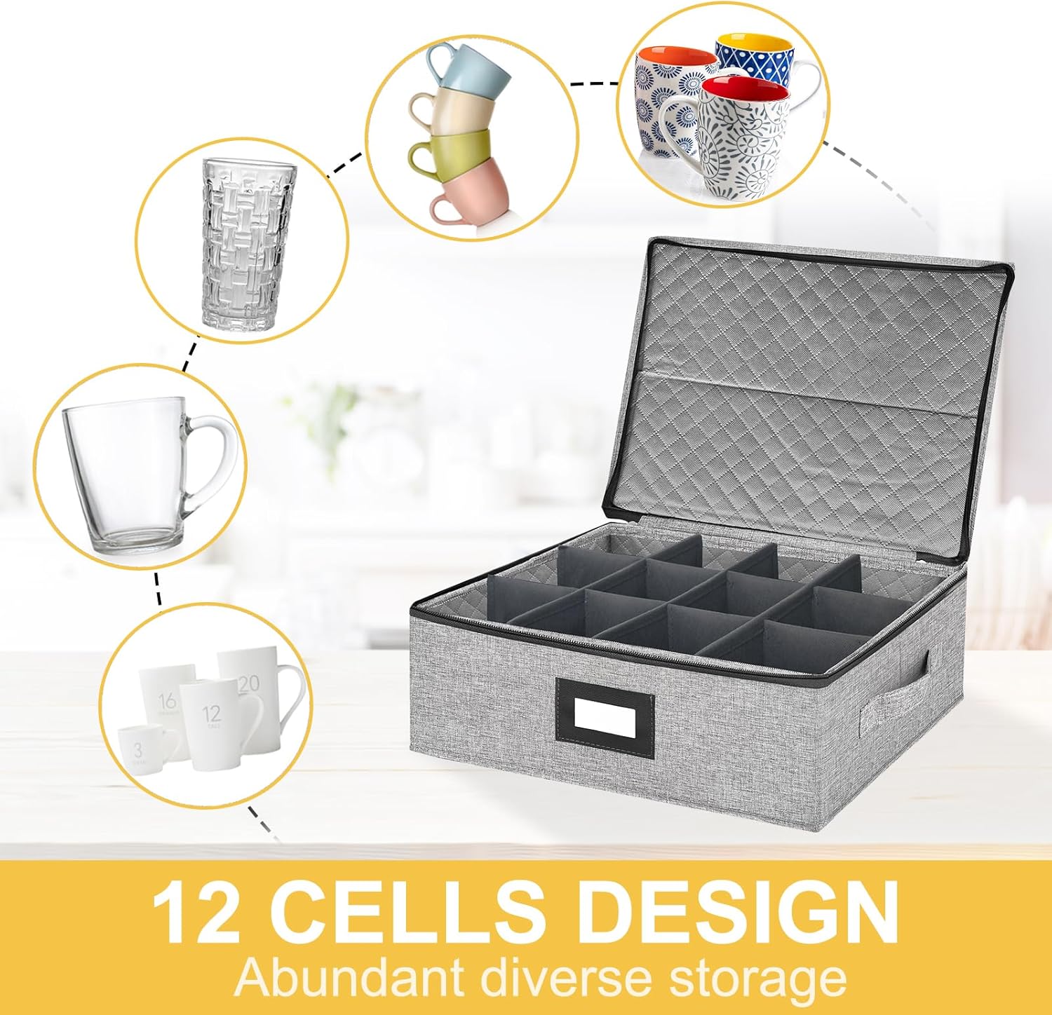 Coffee Mug Storage Box with Dividers, Durable China Storage Containers for Coffee Mugs, Tea Cups
