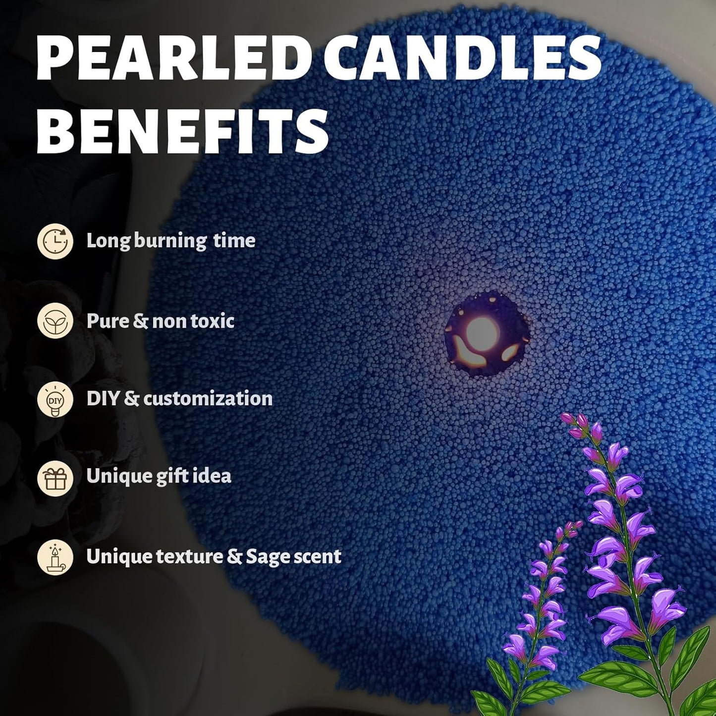 Salvia Scented Blue Pearled Candle 18oz Luxury Sand Candle Granulated Wax - 30 Cotton Wicks - Wax
