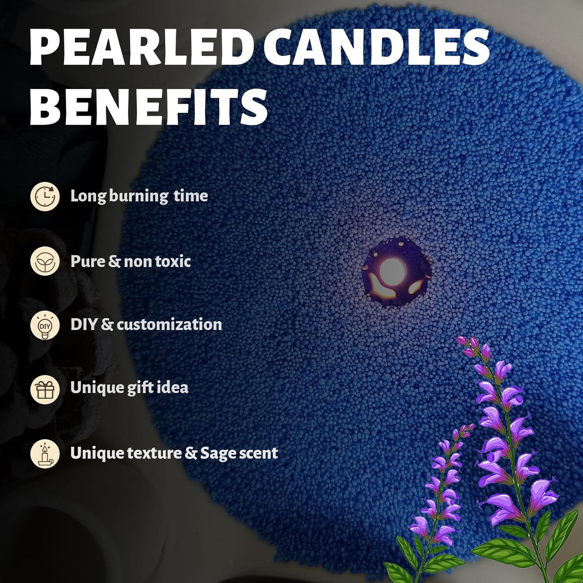 Salvia Scented Blue Pearled Candle 18oz Luxury Sand Candle Granulated Wax - 30 Cotton Wicks - Wax