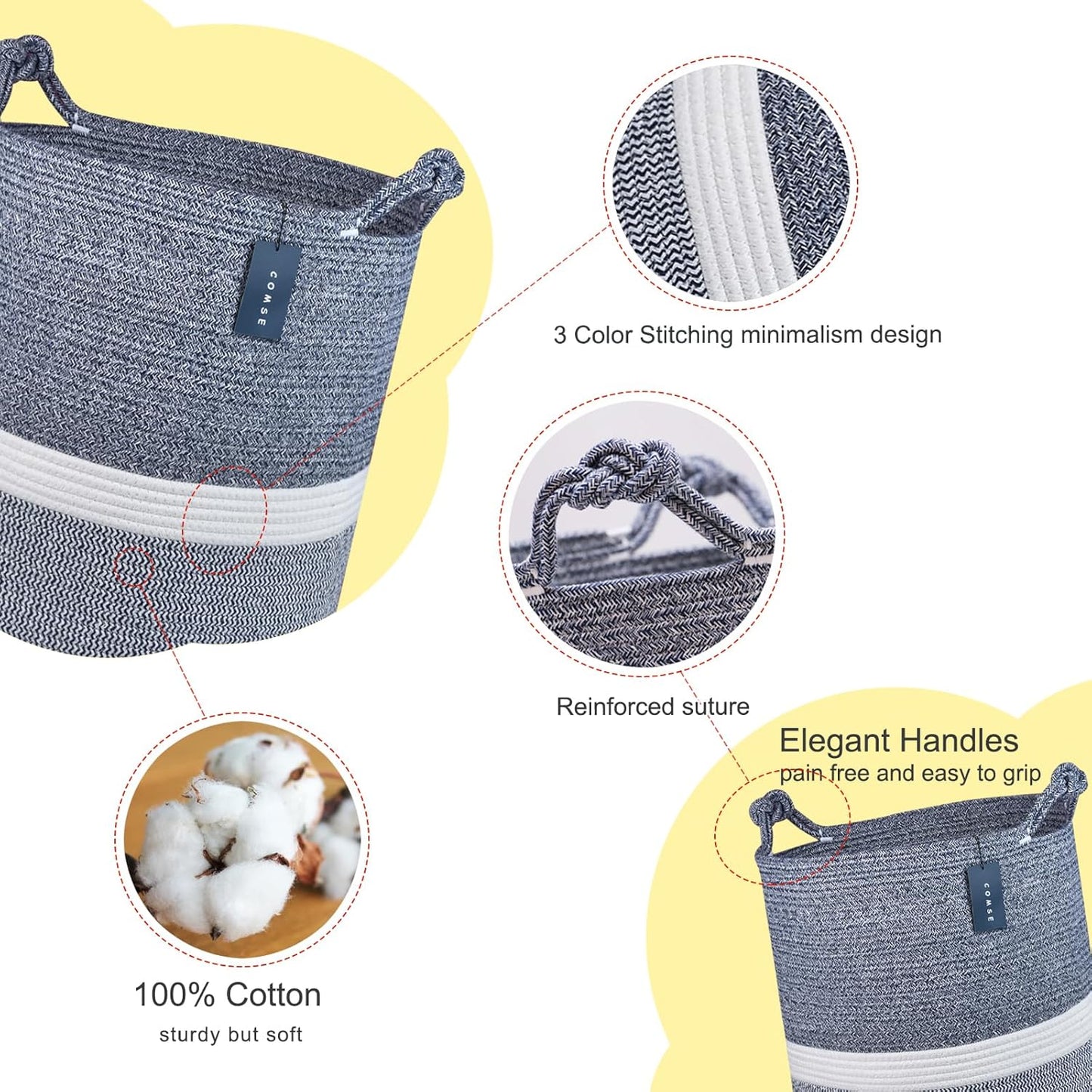 COMSE Extra Large Blanket Basket, Tall Woven Storage Basket, Nursery Hamper, 15.7”x 21.7”, Cotton