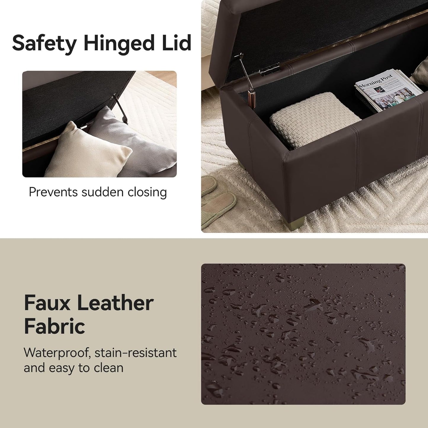 51" Faux Leather Storage Ottoman, Stitch Tufted Rectangle Upholstered End of Bed Storage Bench