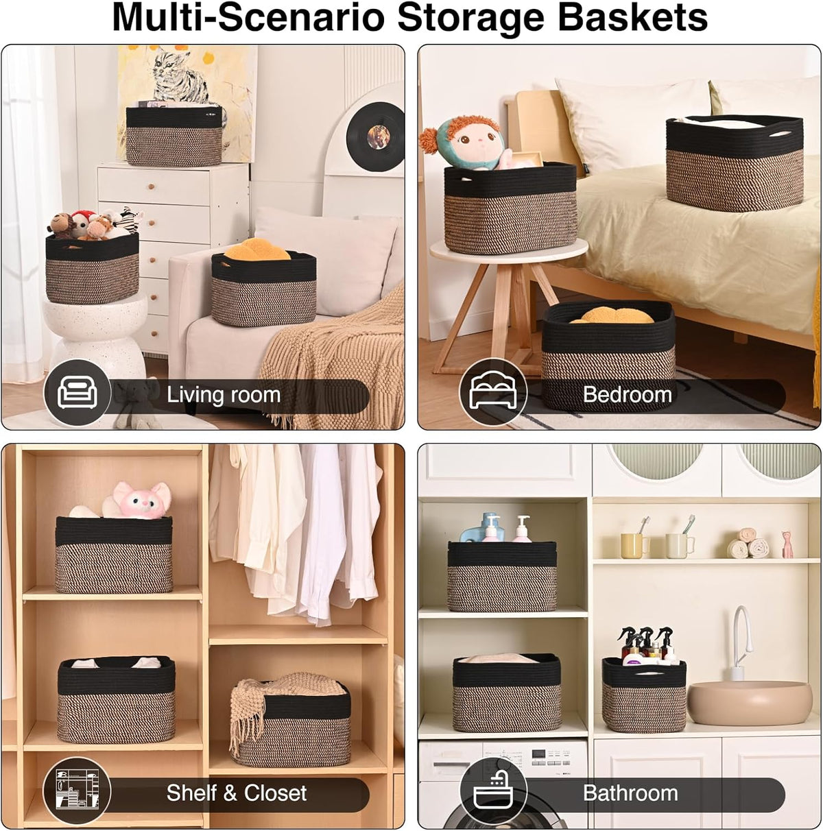 Storage Baskets for Organizing Shelves, Toy Basket for Kid's Room, Woven Cotton Rope Basket for