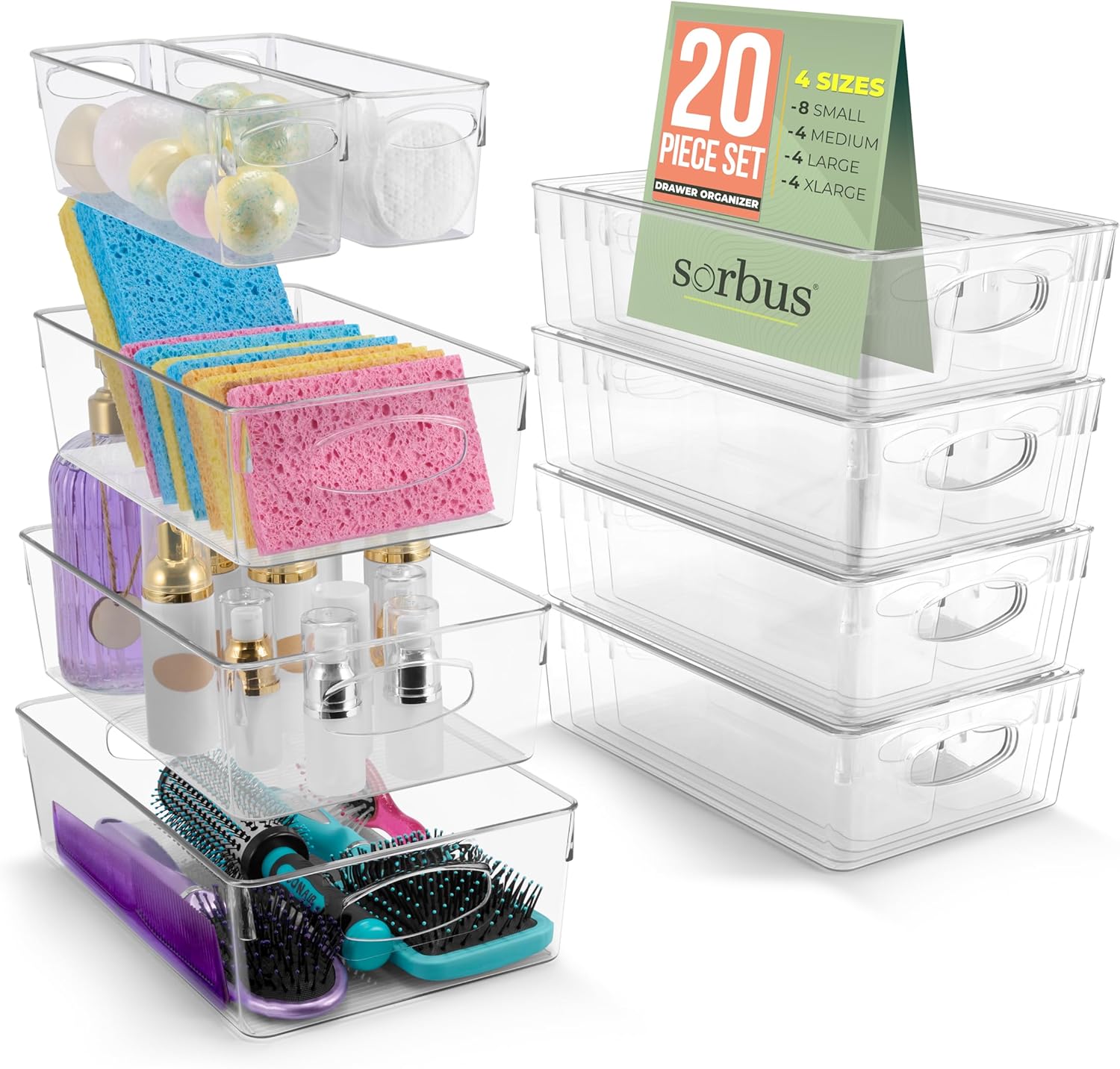 Sorbus Clear Plastic Storage Bins for Organizing, 20 Pack Clear Organizer Bins with Handles