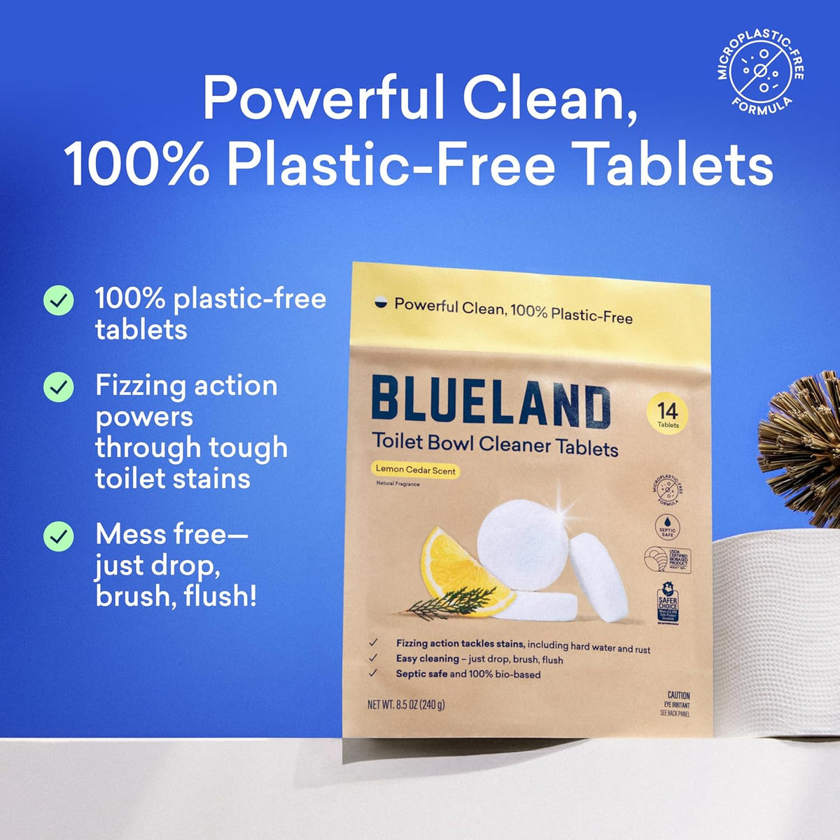 BLUELAND Toilet Bowl Cleaner Tablets, Starter Set, 14 Count with Tin, Lemon Cedar, Plastic-Free, No