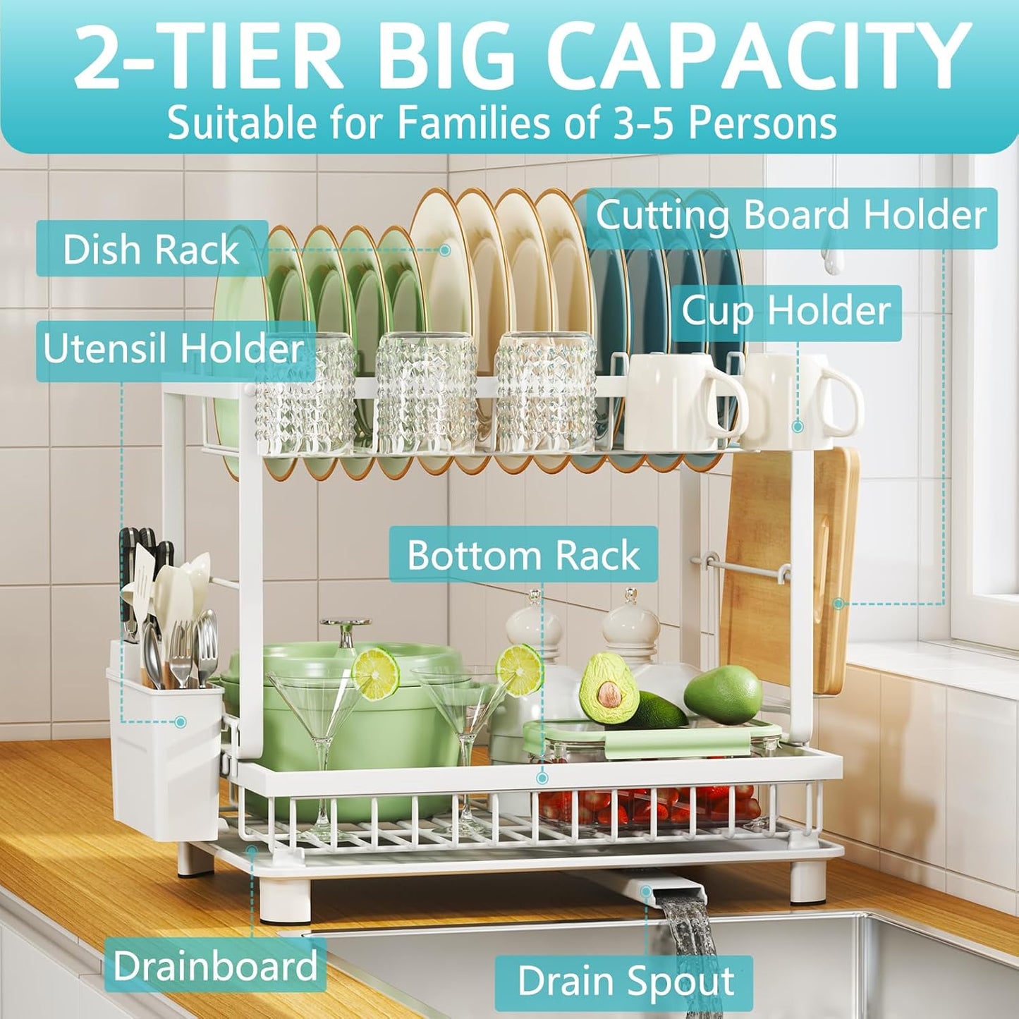 Multifunctional Dish Drying Rack - Rustproof, 2-Tier Dish Racks with Drainboard, Space-Saving