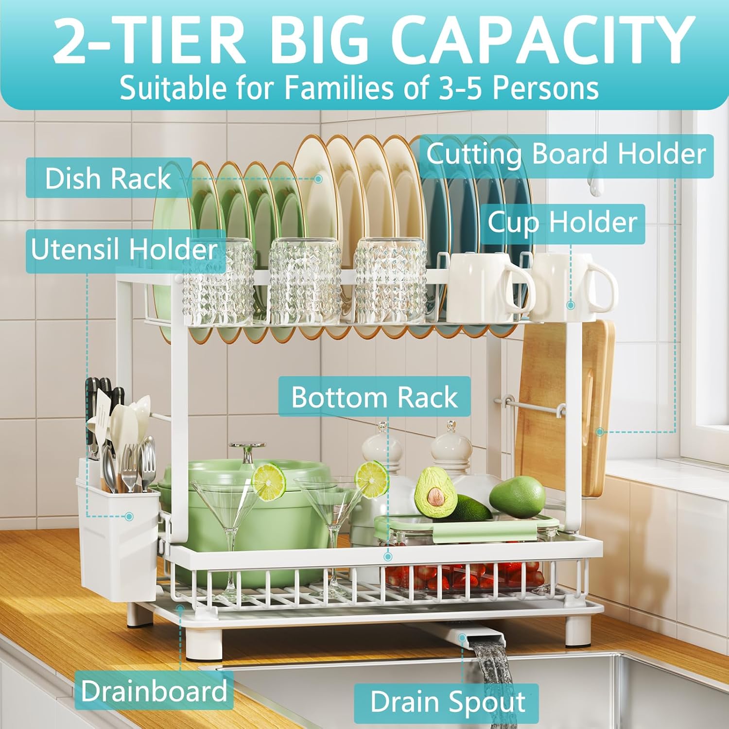 Multifunctional Dish Drying Rack - Rustproof, 2-Tier Dish Racks with Drainboard, Space-Saving