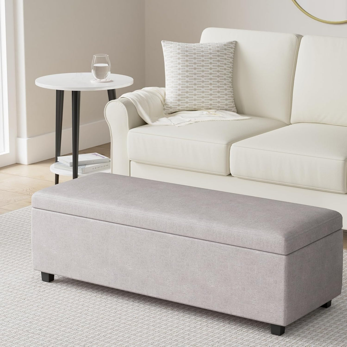 SIMPLIHOME Avalon 48 inch Wide Contemporary Rectangle Storage Ottoman Bench in Cloud Grey Linen