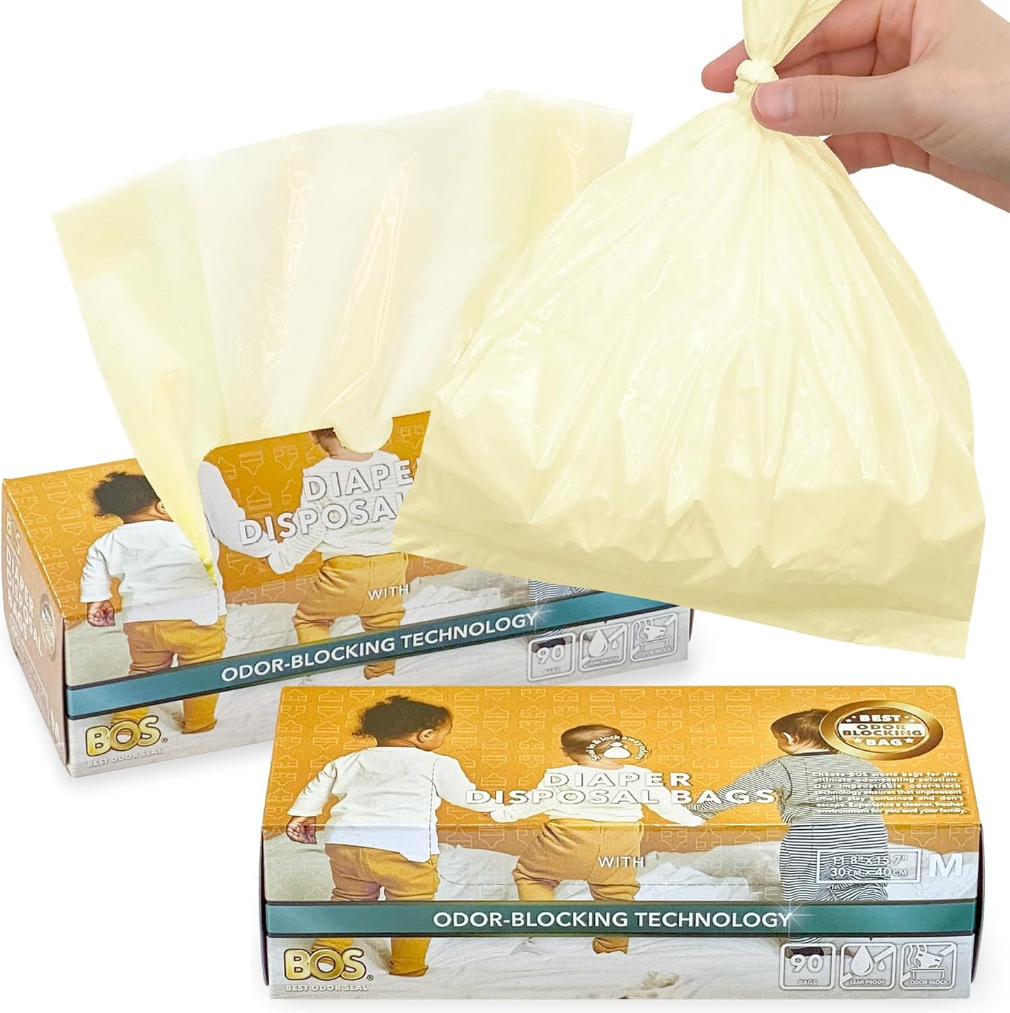 BOS, Odor-Sealing Dirty Diaper Trash Bags - Scent & Smell Free (Color: Cream Yellow) (Pack of 2)