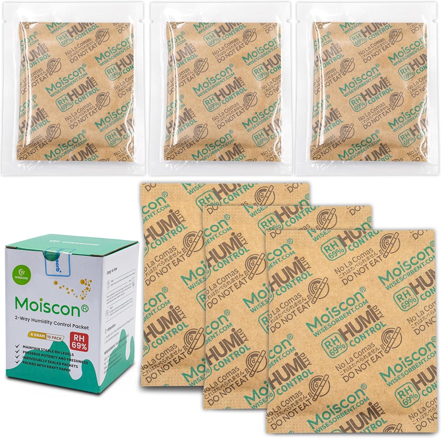 8 Gram 15 Pack 69% Two-Way Humidity Control Packs for Storing 1 oz, Size 8 for Travel Case