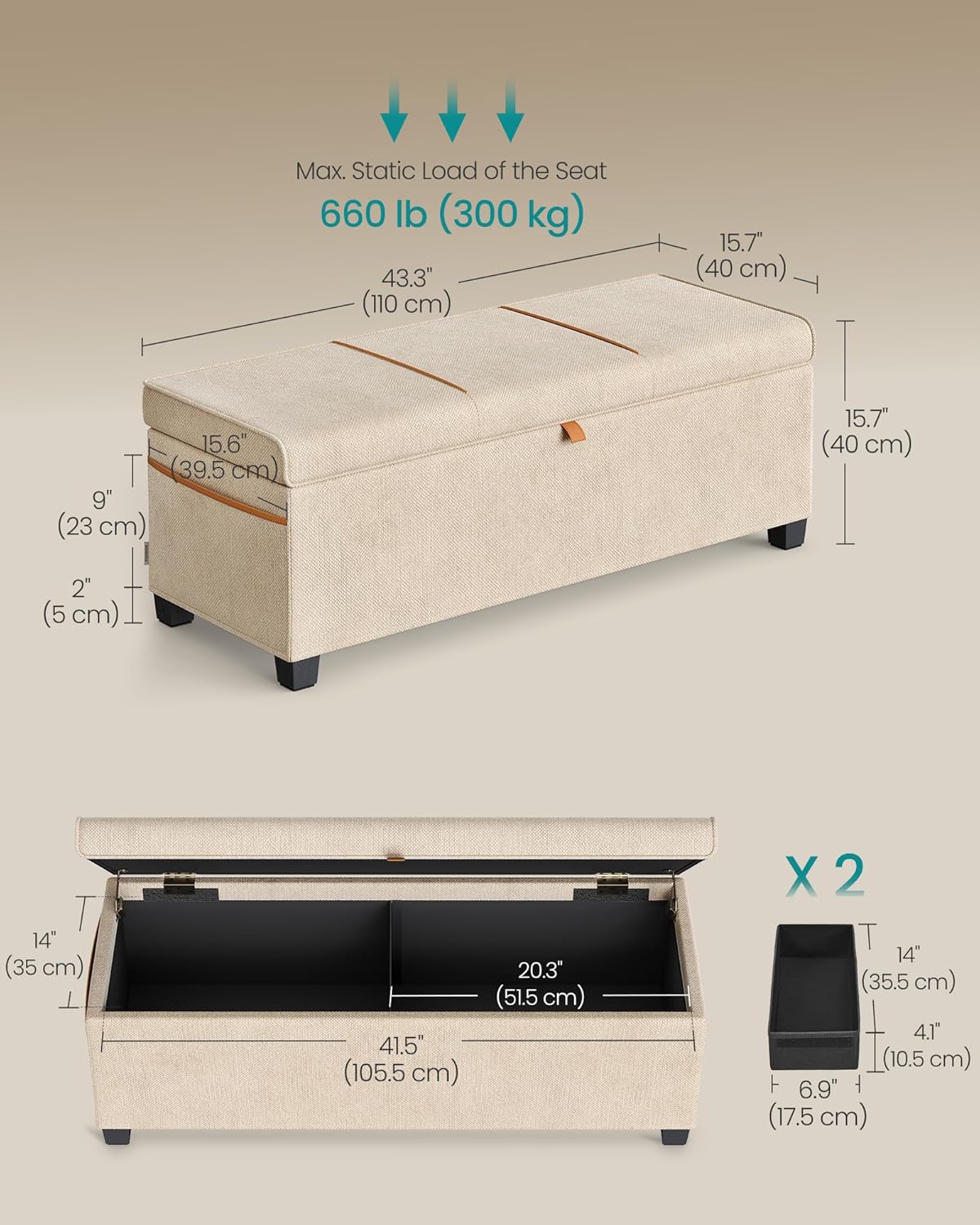 SONGMICS Storage Ottoman Bench, Storage Chest, 15.7 x 43.3 x 15.7 Inches, End of Bed Bench, 27 Gal.