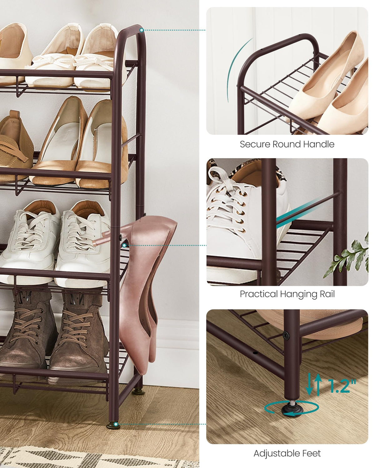 SONGMICS Stackable Shoe Rack, 4 Tier Metal Shoes Rack Storage Shelf, Holds up to 16 Pairs Shoes