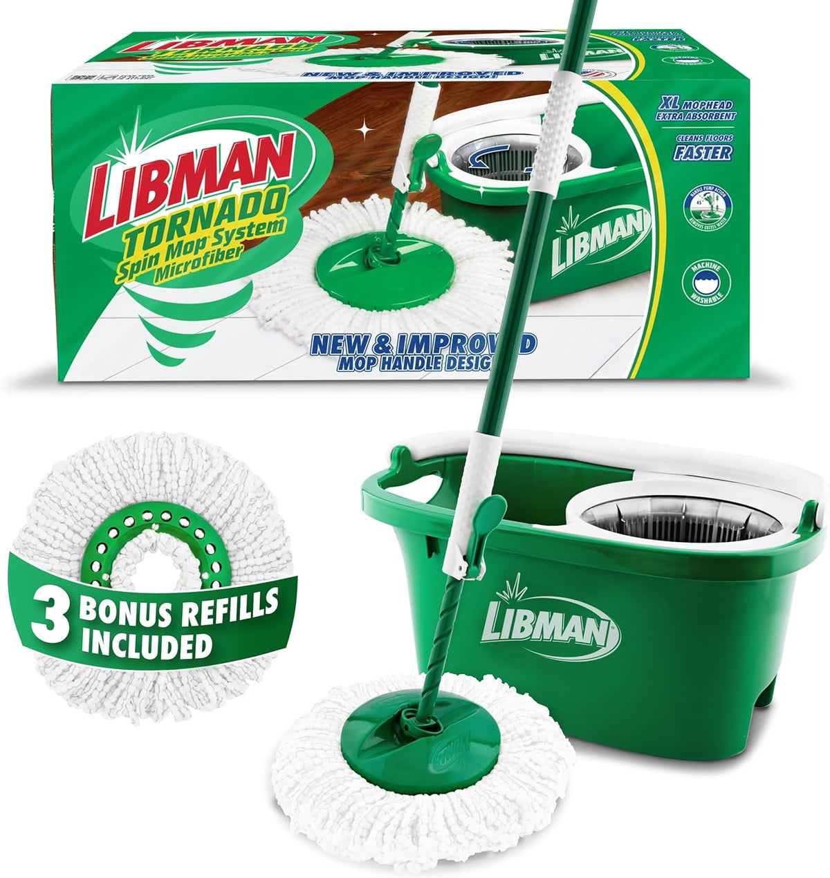 Libman Tornado Spin Mop System with 3 Refill Heads, Microfiber Spinning Mop and Bucket with Wringer