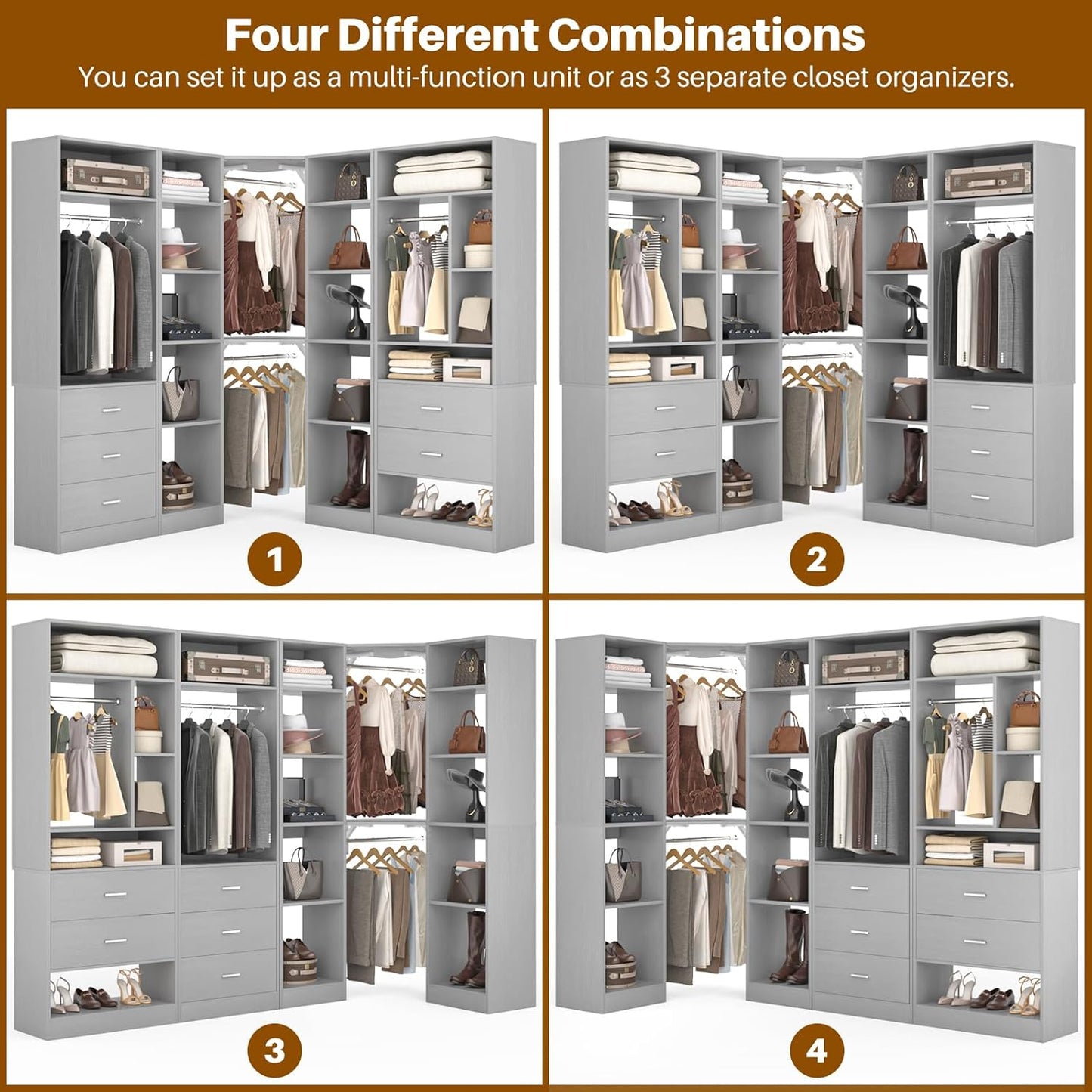 Corner Closet System with 5 Drawers, Closet Organizer System with 15+Shelvess & 4 Hanging Rods