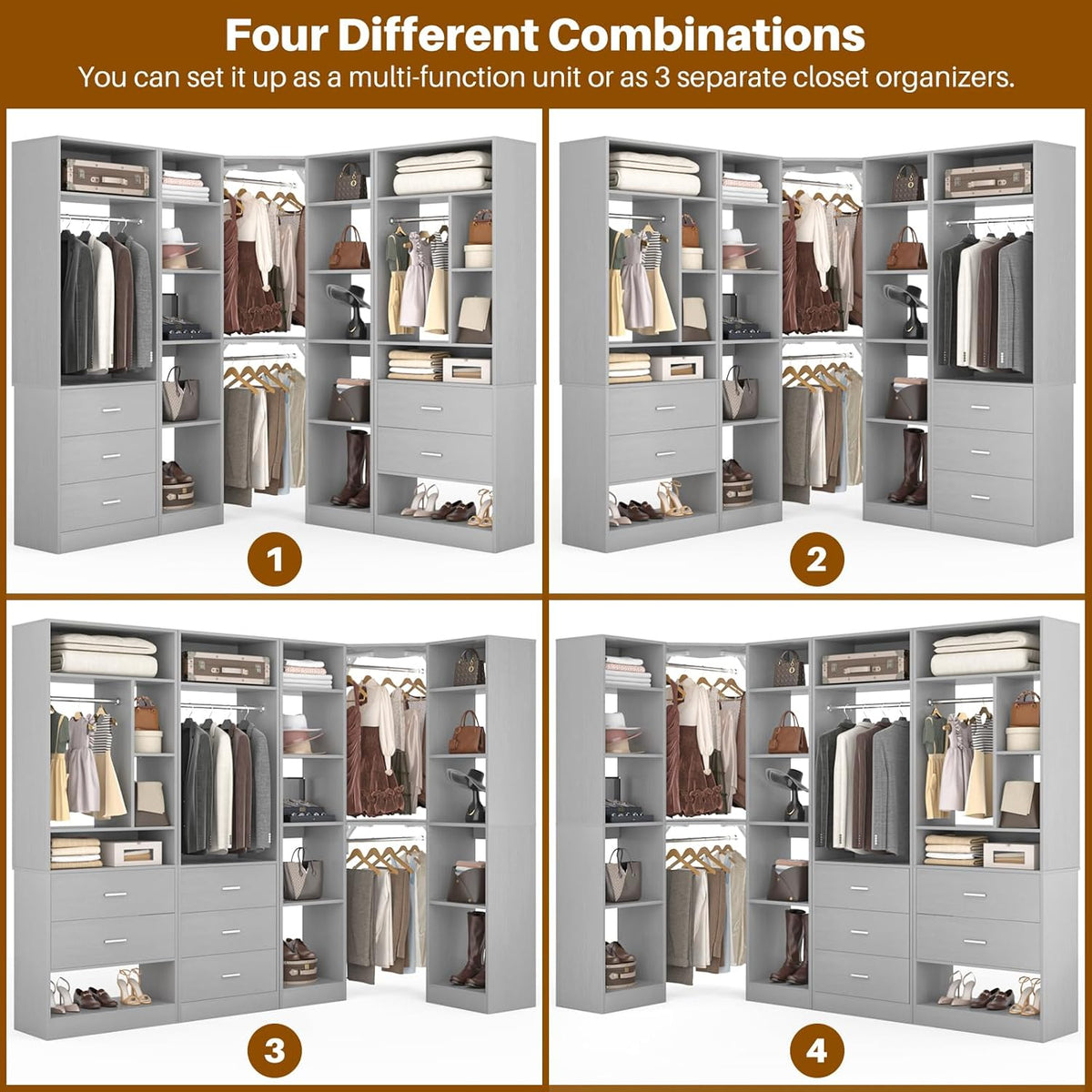 Corner Closet System with 5 Drawers, Closet Organizer System with 15+Shelvess & 4 Hanging Rods