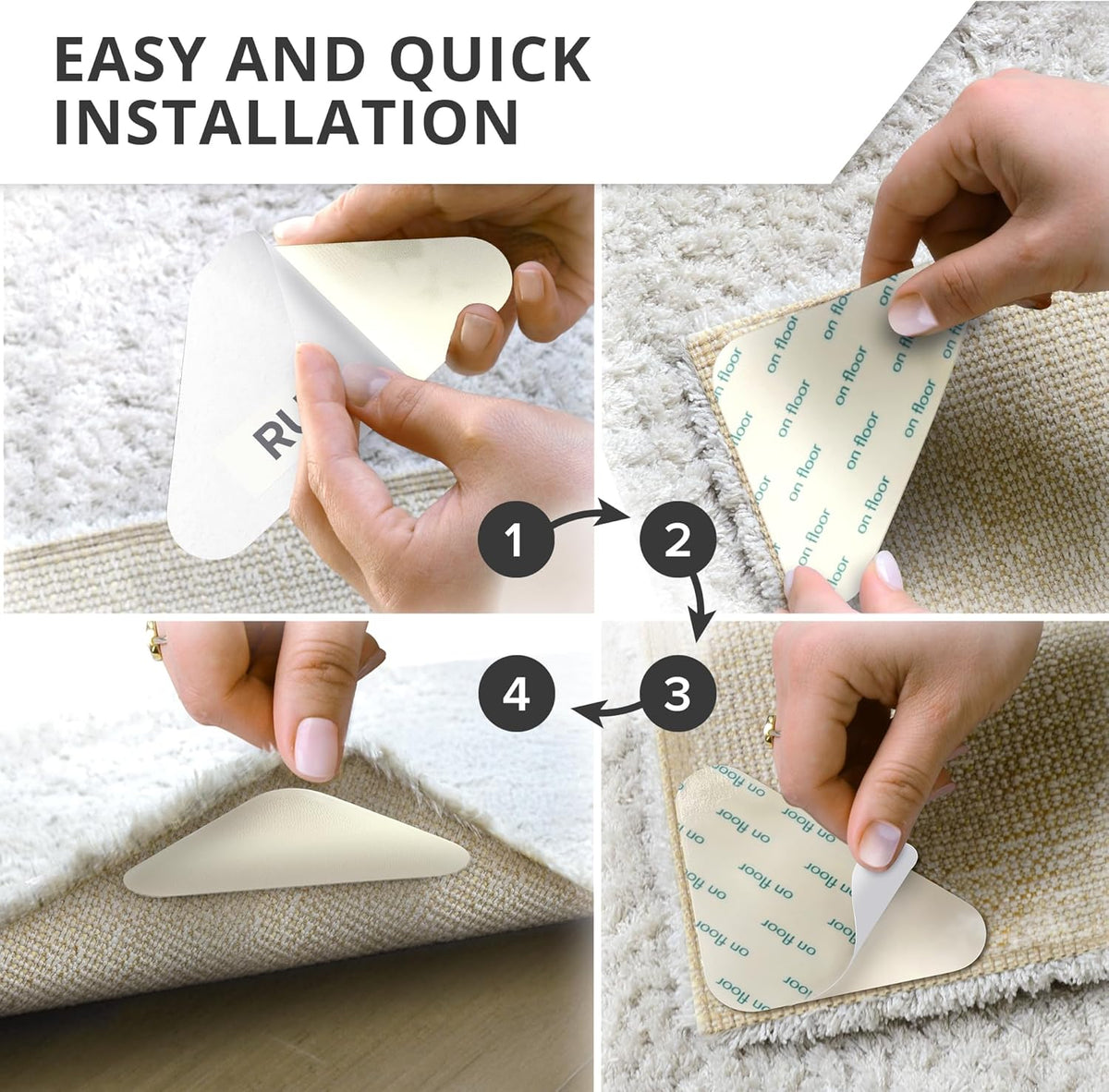 X-Protector Rug Tape - 8 Pcs Set - White Anti-Slip & Anti-Curling Carpet Tape for Hard Floors