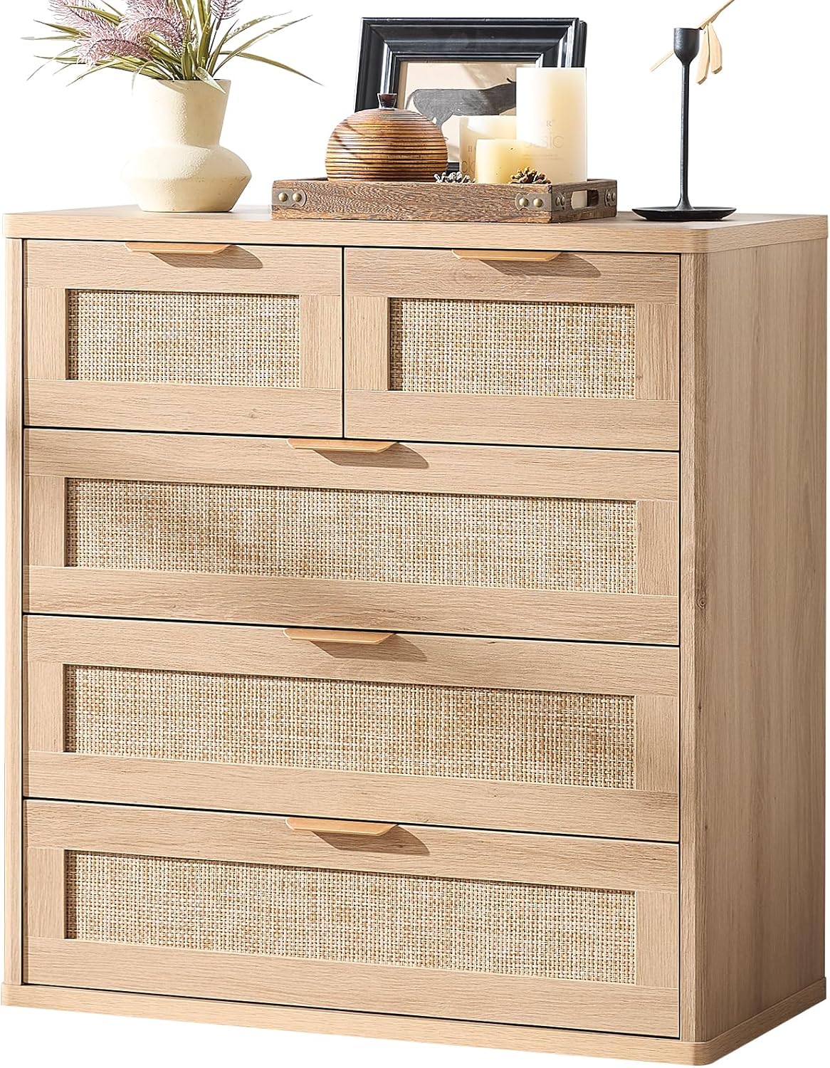 LEYAOYAO Rattan Dresser for Bedroom, 33.5" Tall Chest of Drawers, Modern 5 Drawers Boho Dressers