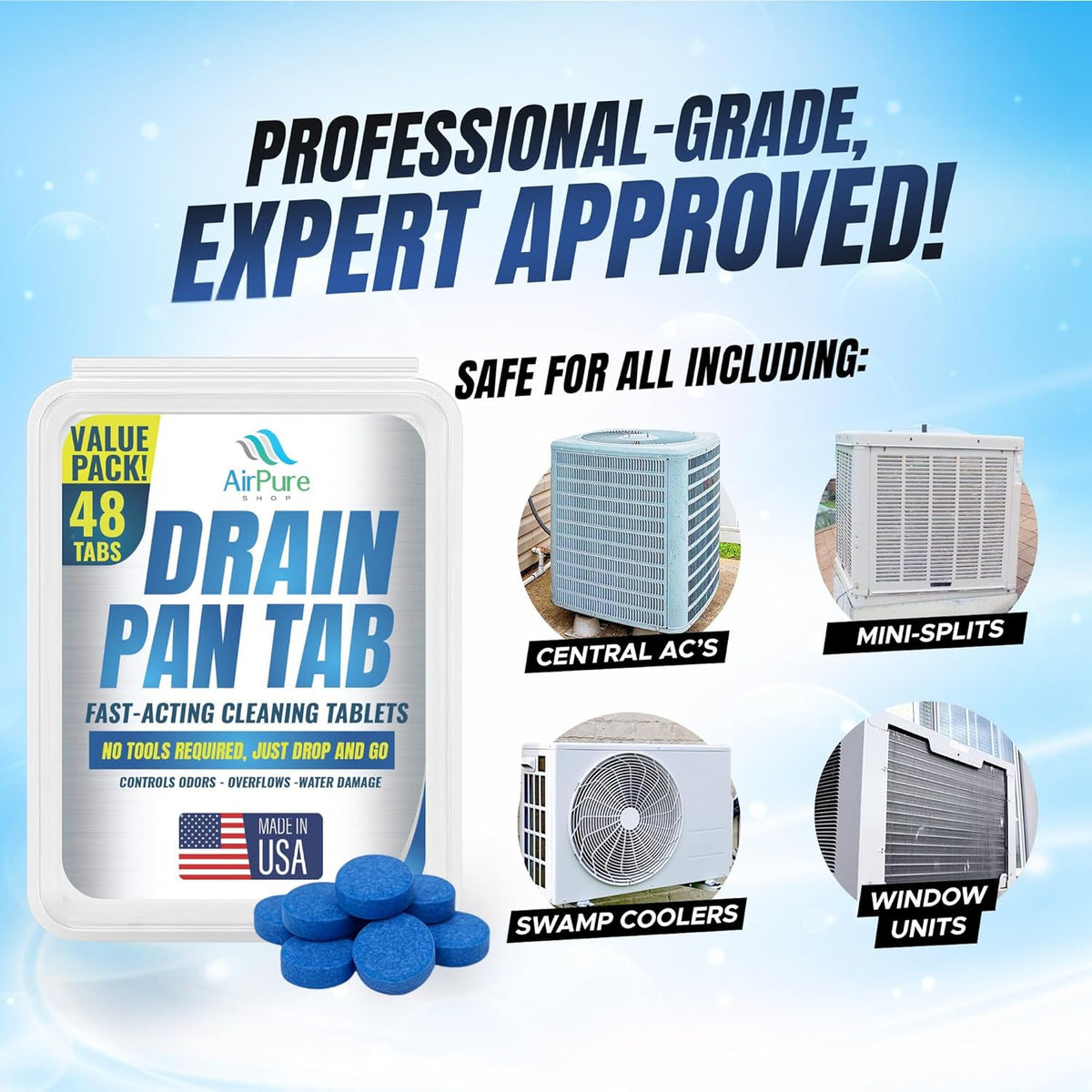 Air Pure Drain Pan Tabs - 48 Flow Treatment Tablets for HVAC & AC Condensate Pan Treatment |