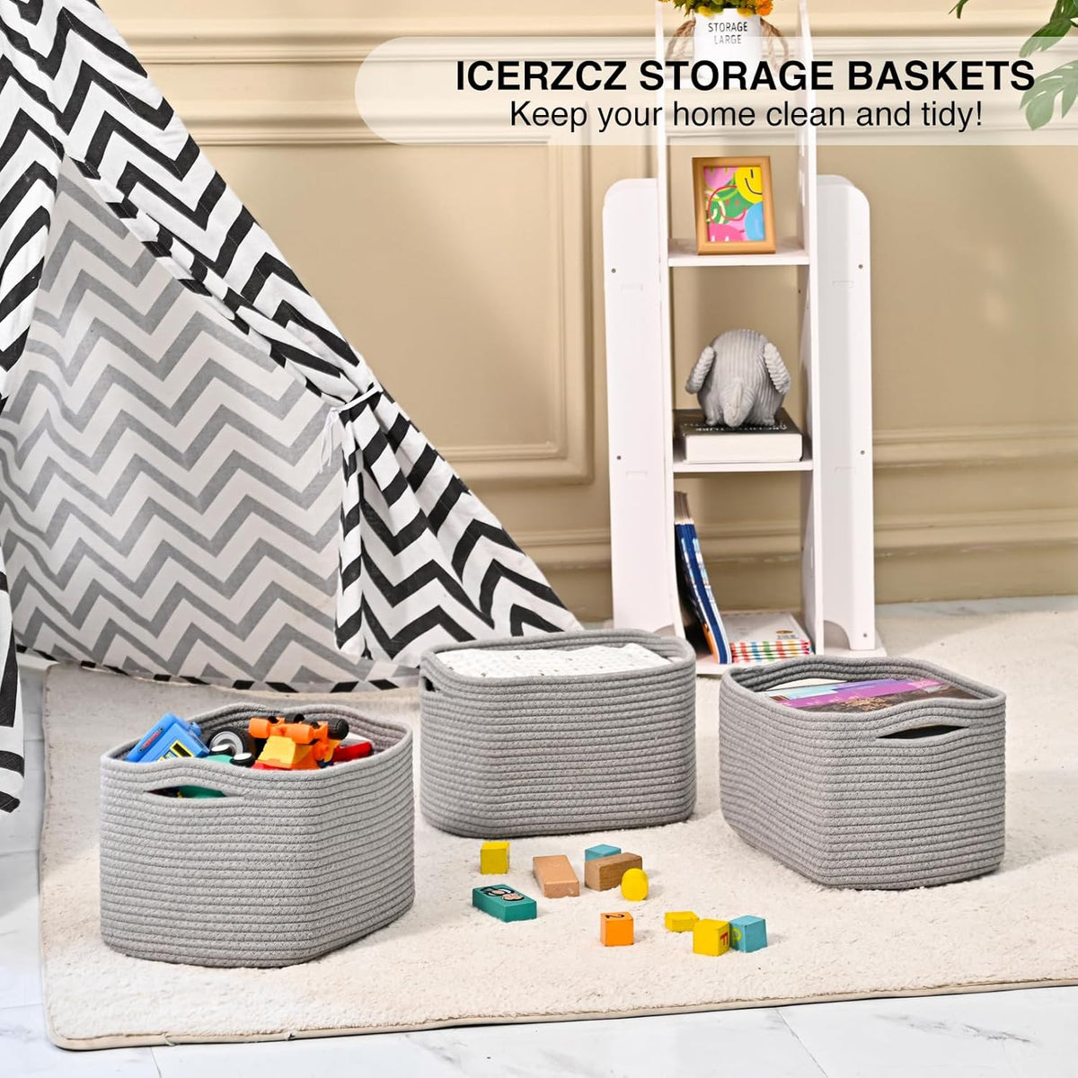 Small Storage Baskets for Shelves Organizing, Woven Cotton Rope Baskets for Storage, Book Basket