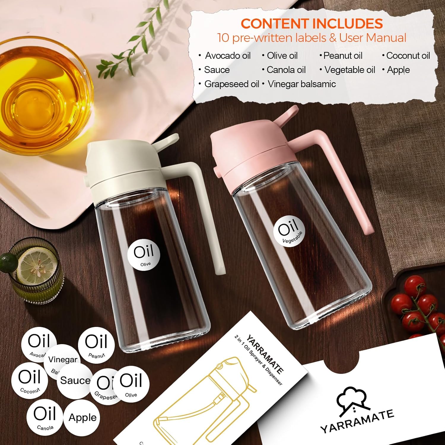 YARRAMATE 16oz/470ml Glass Olive Oil Sprayer for Cooking with Stickers, 2 in 1 Oil Dispenser for