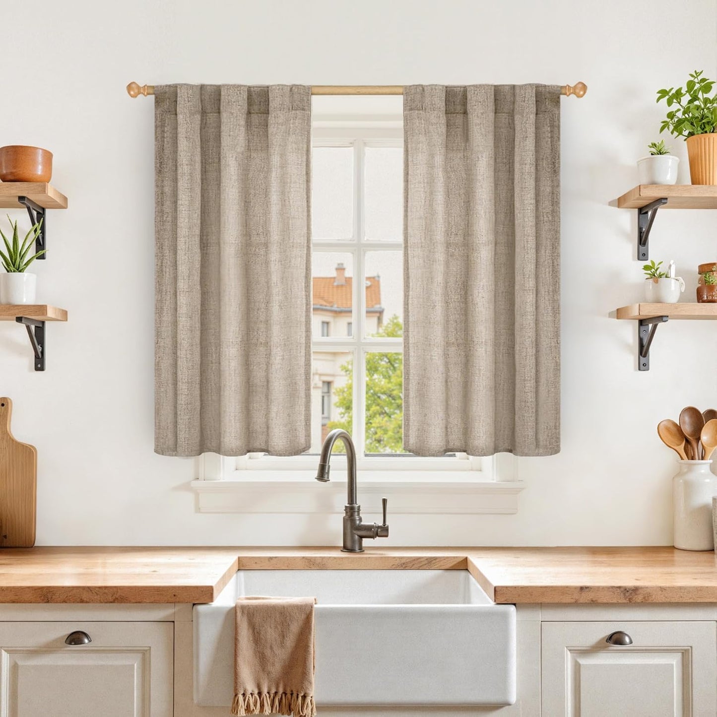 YoungsTex Short Linen Curtains 40 Inch Length for Kitchen Windows Over Sink, Small Drapes with Rod
